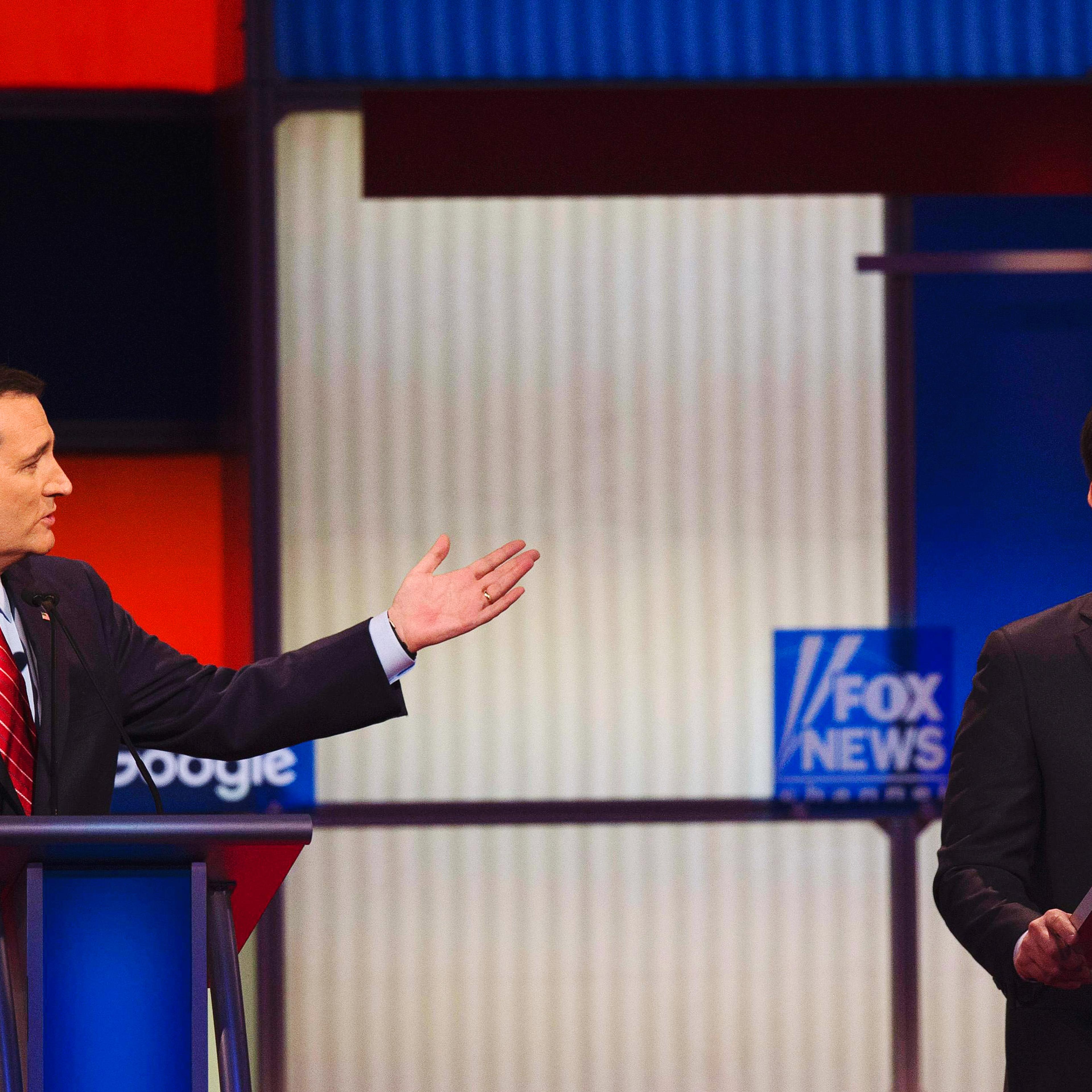 Republican Presidential candidates Florida Sen. Marco Rubio and Texas Senator Ted Cruz during the Republican presidential debate Thursday, Jan. 28, 2016, in Des Moines, Iowa.