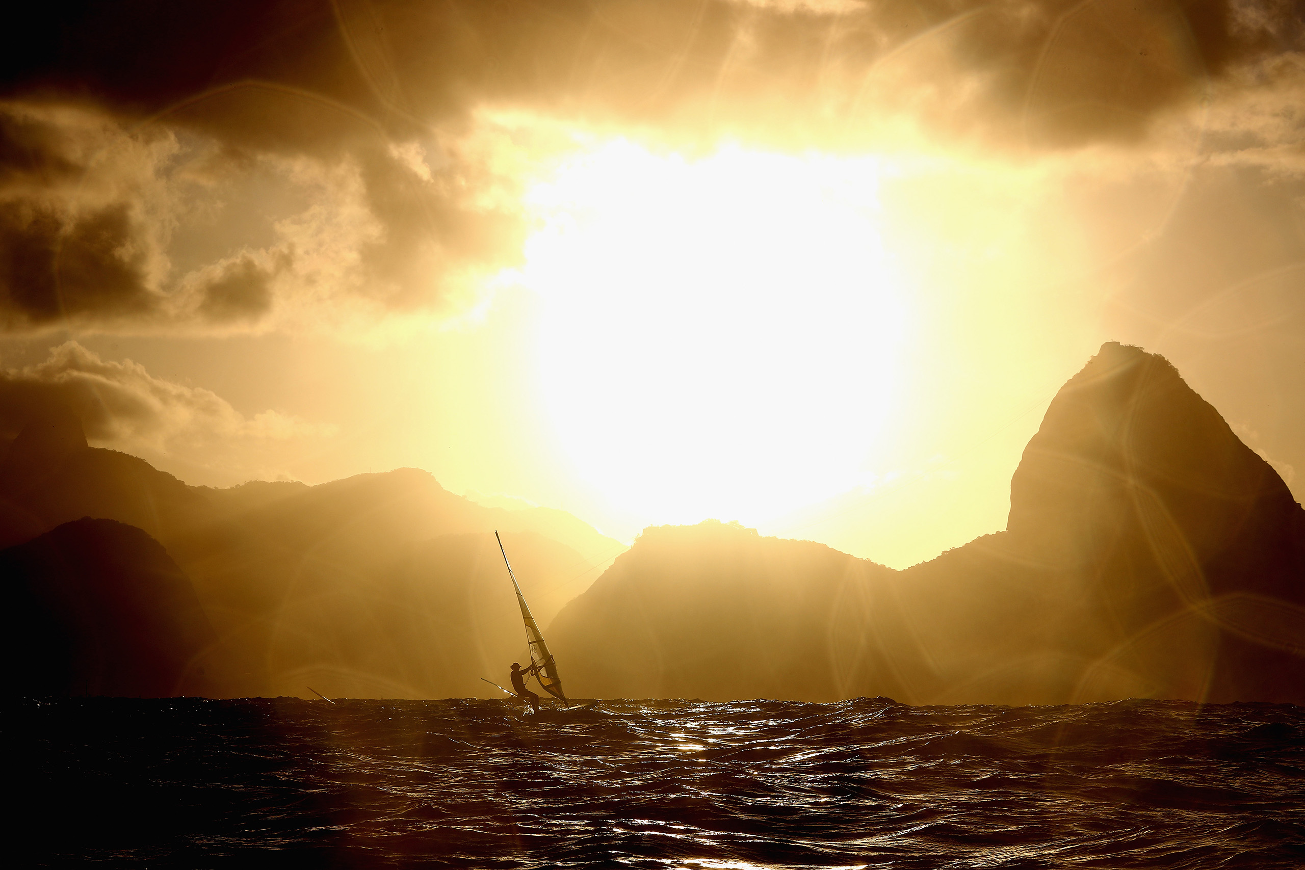 An RS-X athlete is seen on the way back to the marina after the conclusion of racing on Day 7 of the Rio 2016 Olympic Games at Marina da Gloria on Aug. 12, 2016 in Rio de Janeiro.