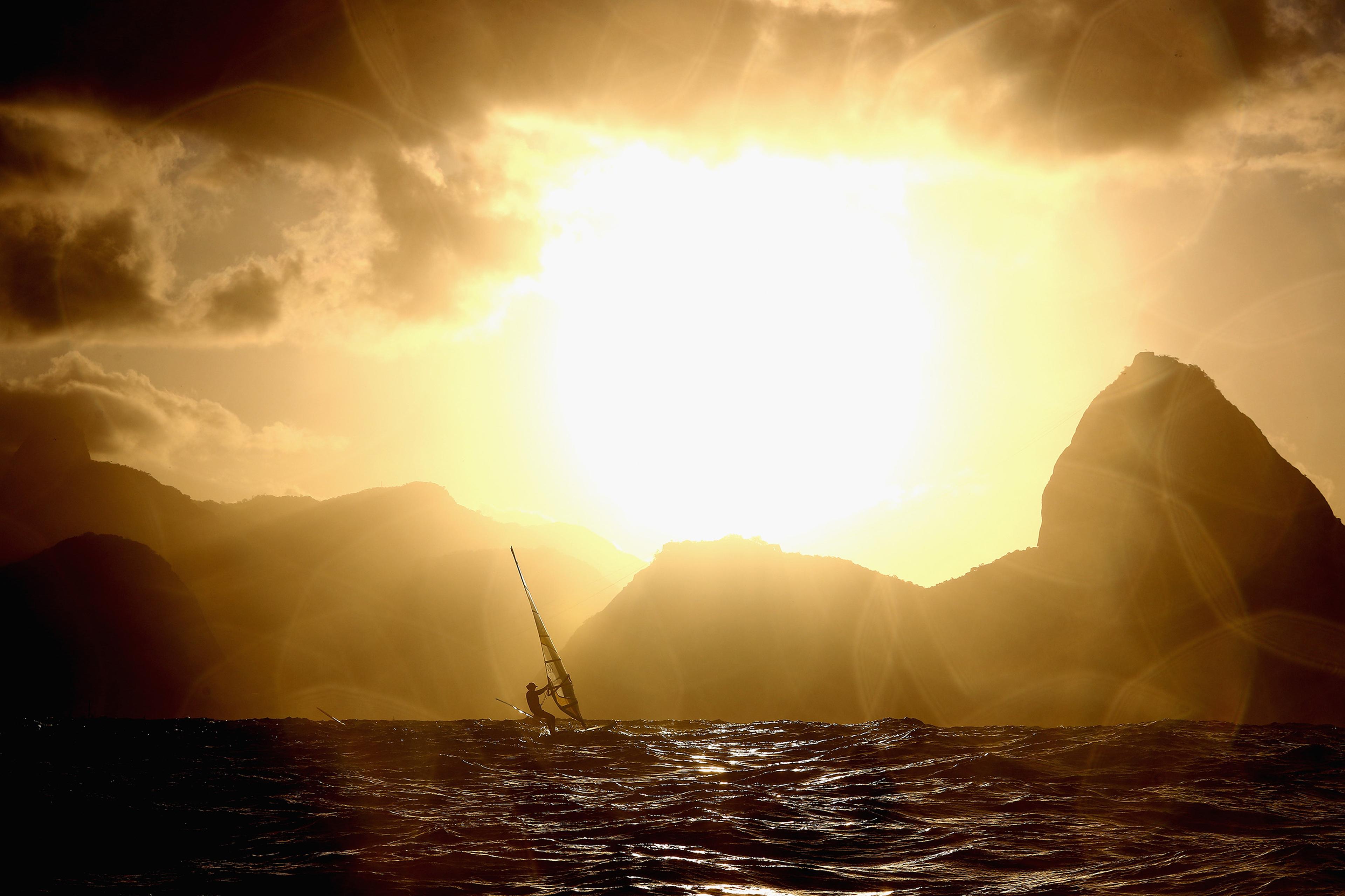 An RS-X athlete is seen on the way back to the marina after the conclusion of racing on Day 7 of the Rio 2016 Olympic Games at Marina da Gloria on Aug. 12, 2016 in Rio de Janeiro.