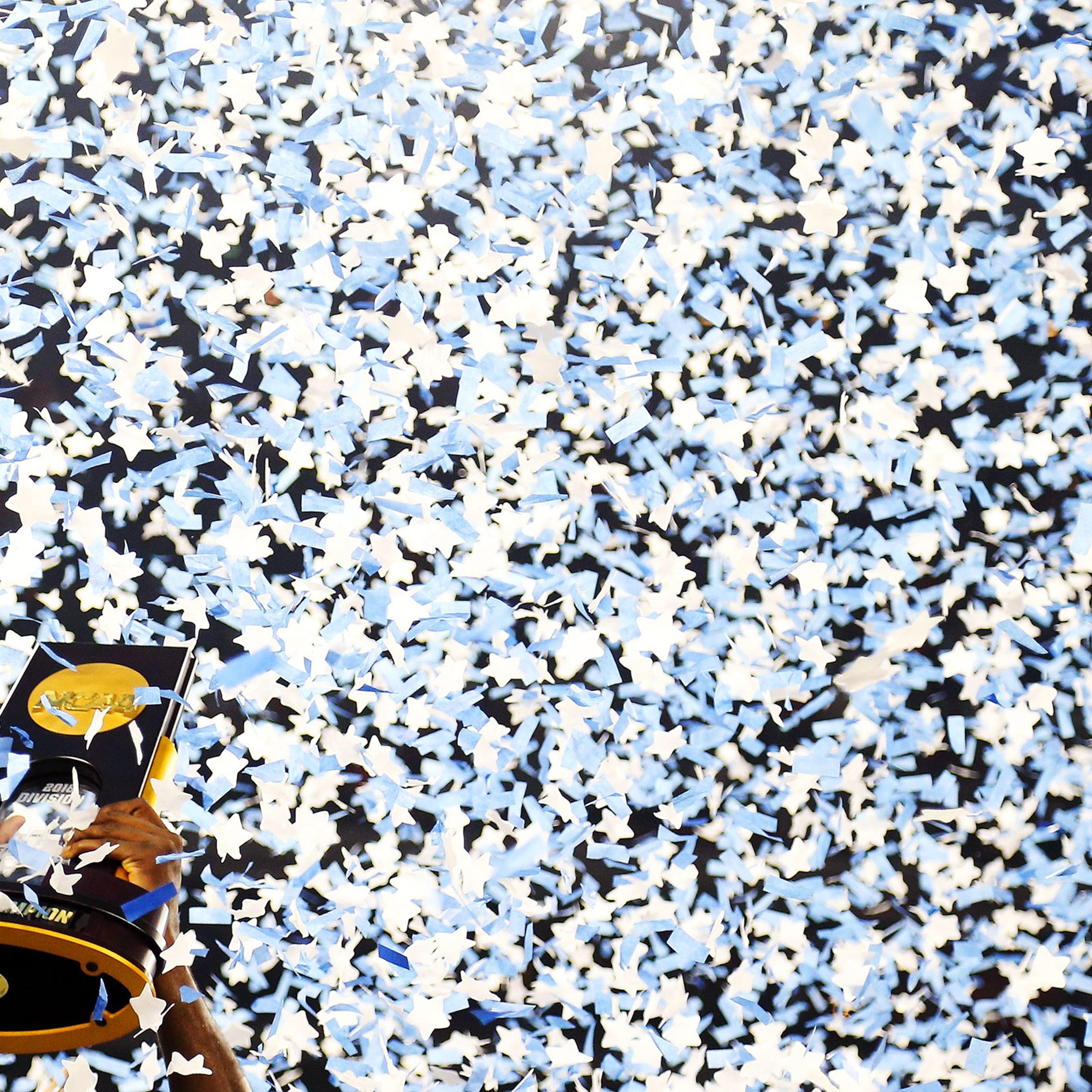The Villanova Wildcats hoist the trophy after defeating the North Carolina Tar Heels 77-74 to win the NCAA college basketball National Championship game on April 4, 2016 in Houston.