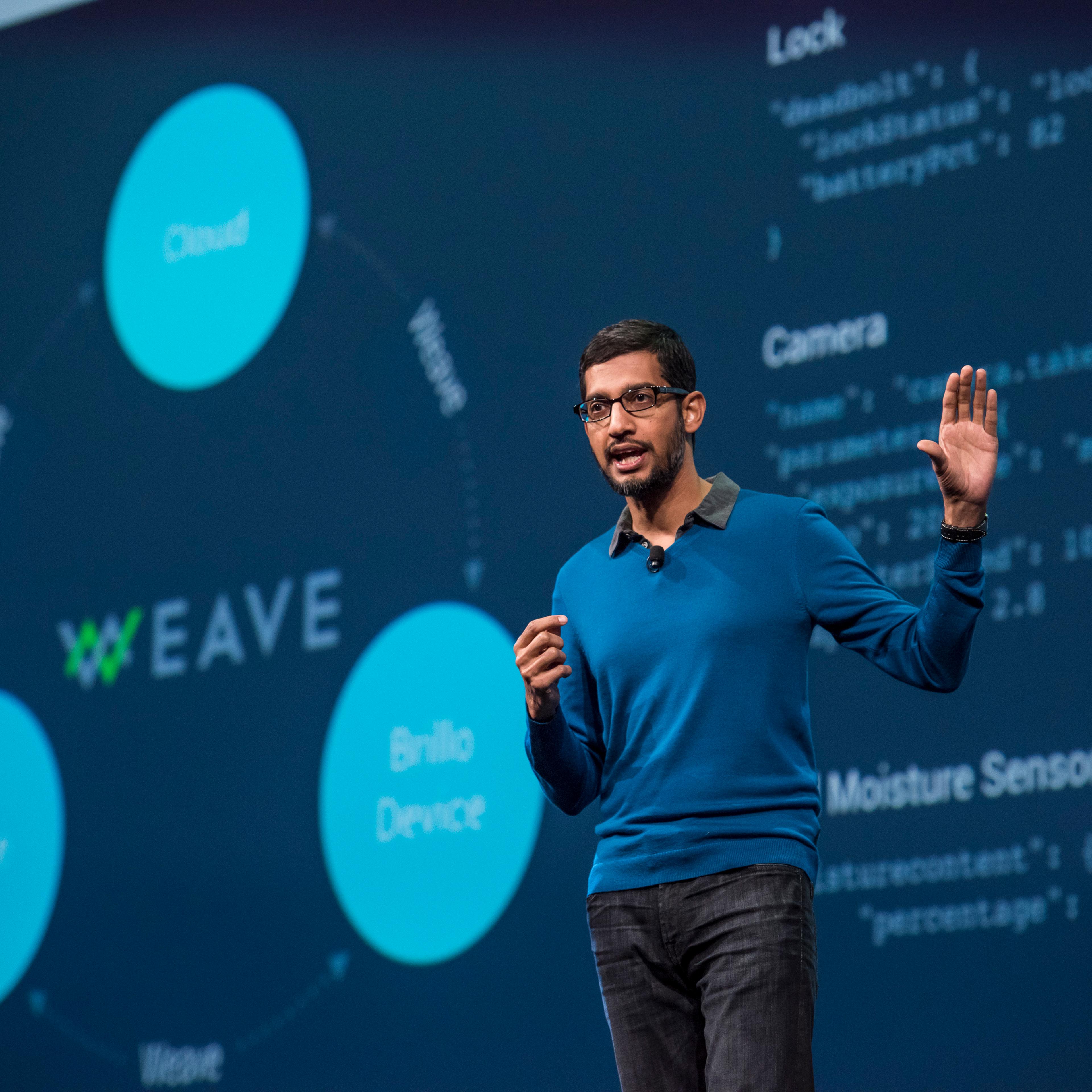 Sundar Pichai, senior vice-president of Products for Google Inc., speaks during the Google I/O Annual Developers Conference in San Francisco on May 28, 2015.