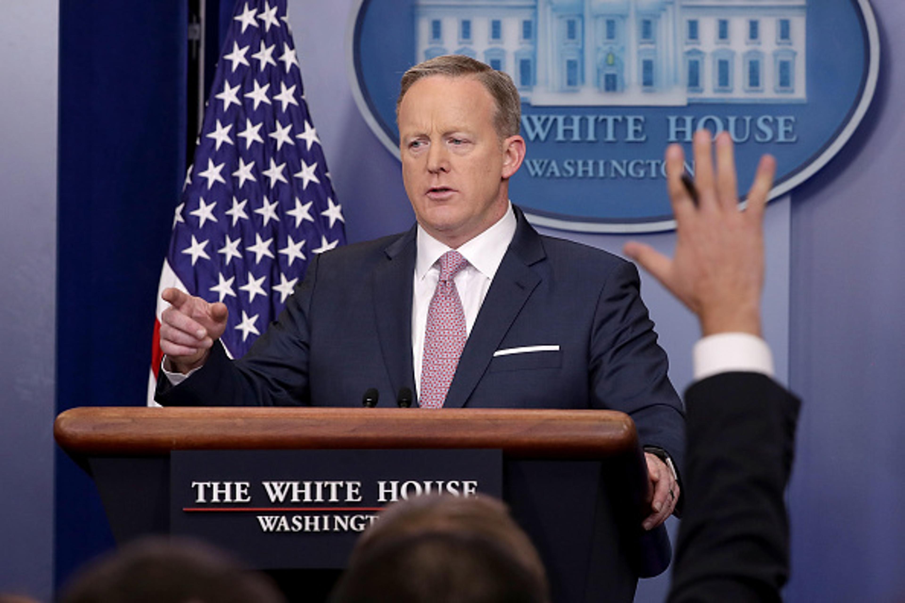 WASHINGTON, DC - JANUARY 23: White House Press Secretary Sean Spicer holds the daily press briefing in the James Brady Press Briefing Room at the White House January 23, 2017 in Washington, DC. Other than delivering a statement on Saturday critical of re