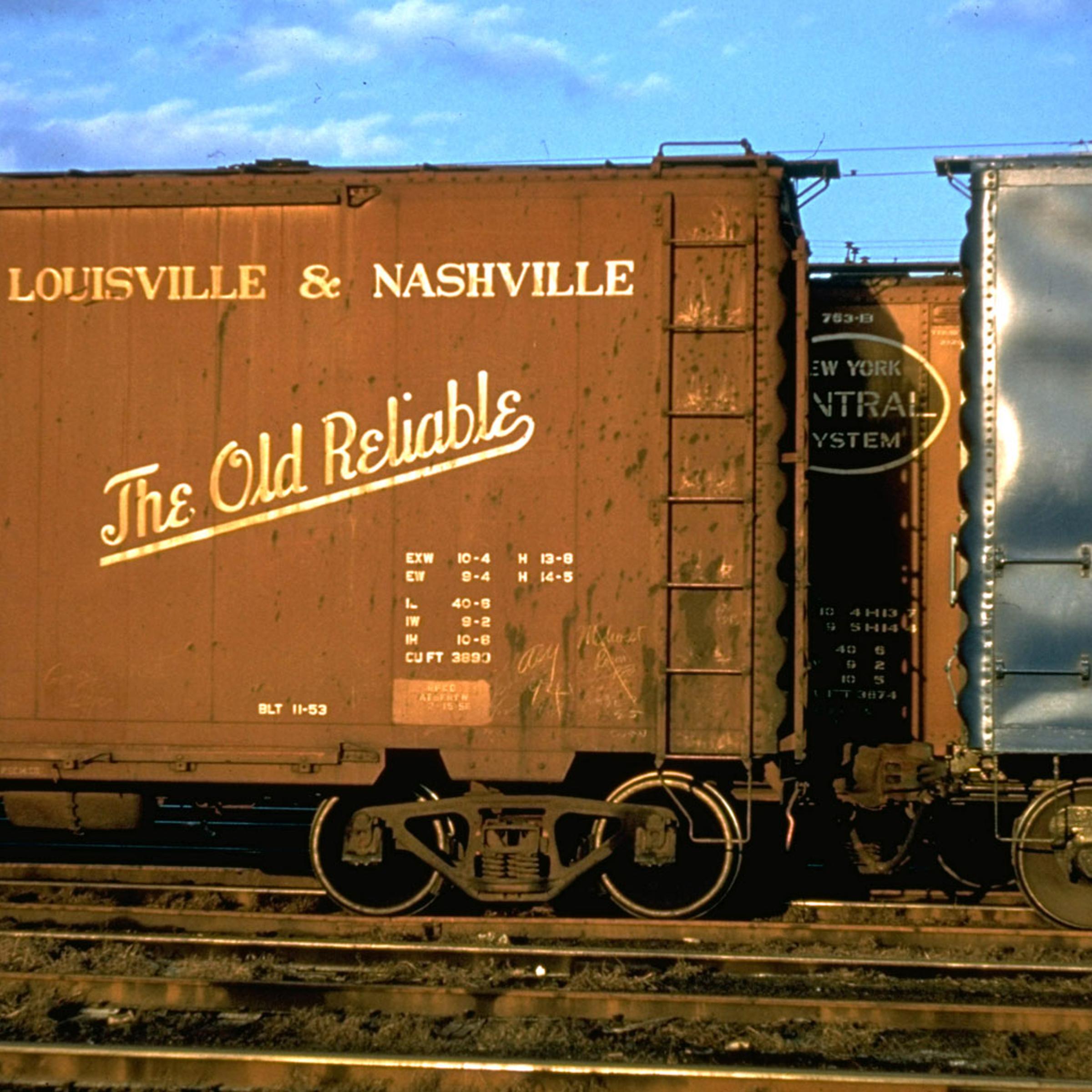 Walker Evans portrait of railroad freight cars, 1957.