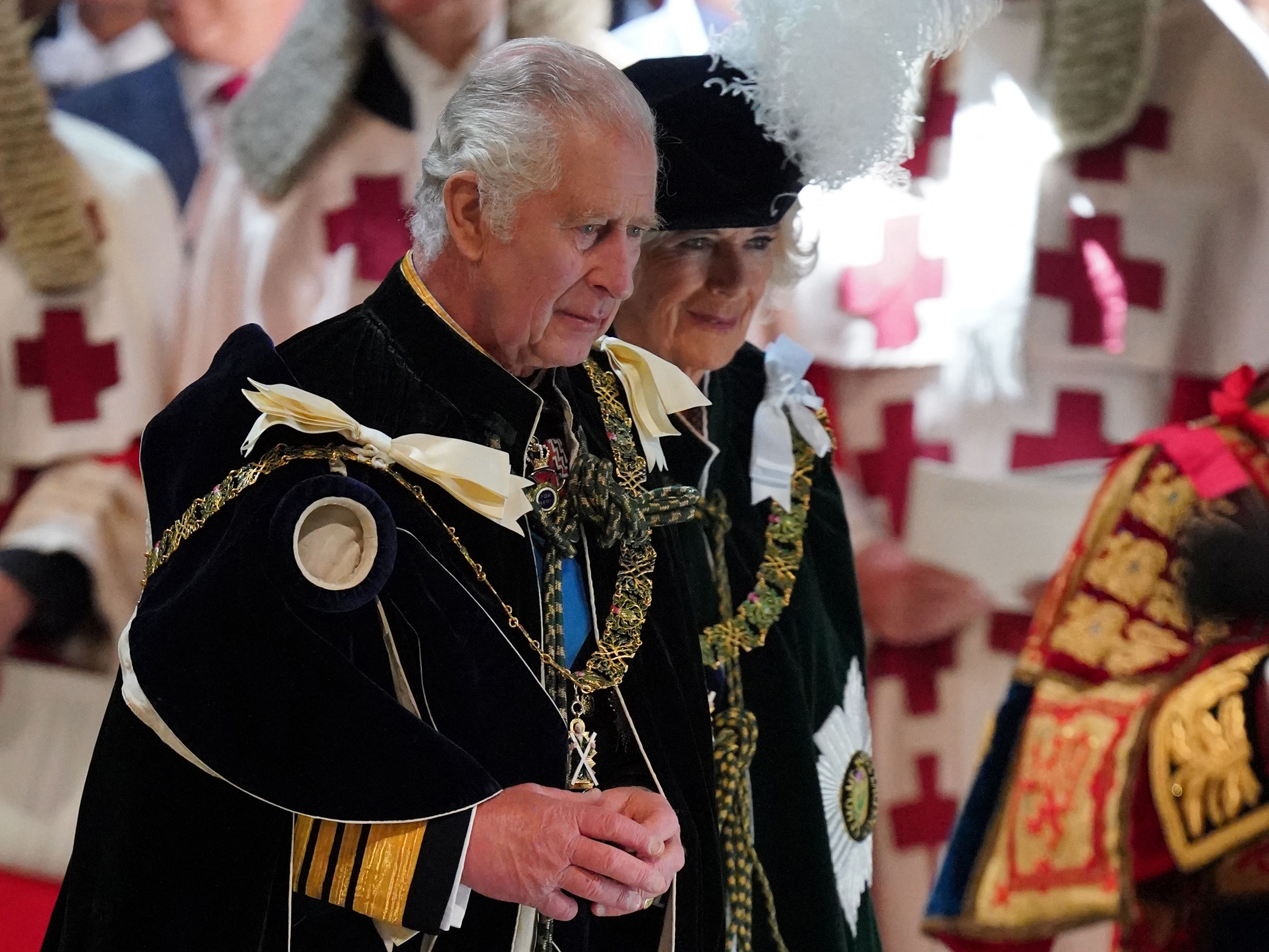 Britain's King Charles III and Britain's Queen Camilla arrive to attend a National Service of Thanksgiving and Dedication inside St Giles' Cathedral in Edinburgh on July 5.
