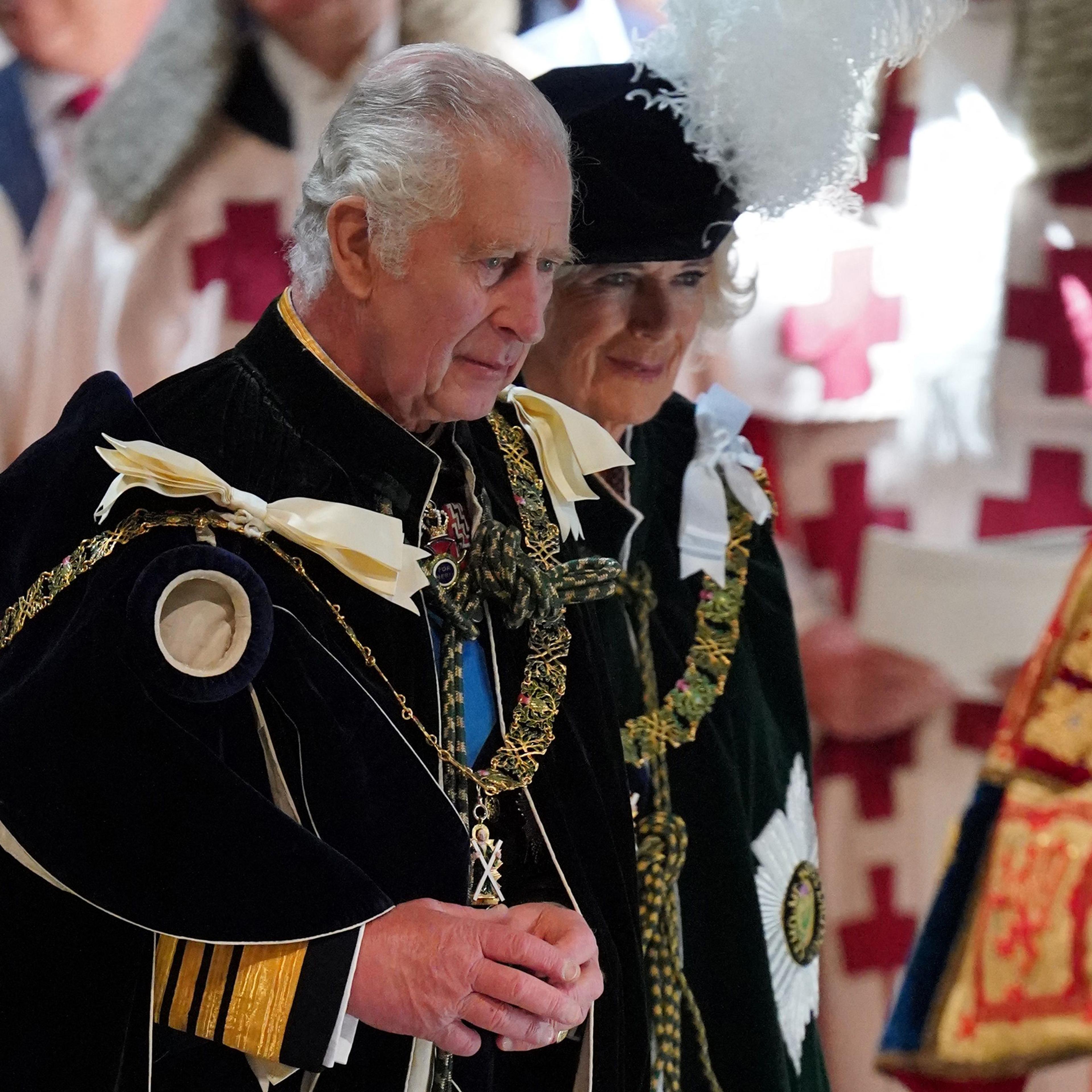 Britain's King Charles III and Britain's Queen Camilla arrive to attend a National Service of Thanksgiving and Dedication inside St Giles' Cathedral in Edinburgh on July 5.