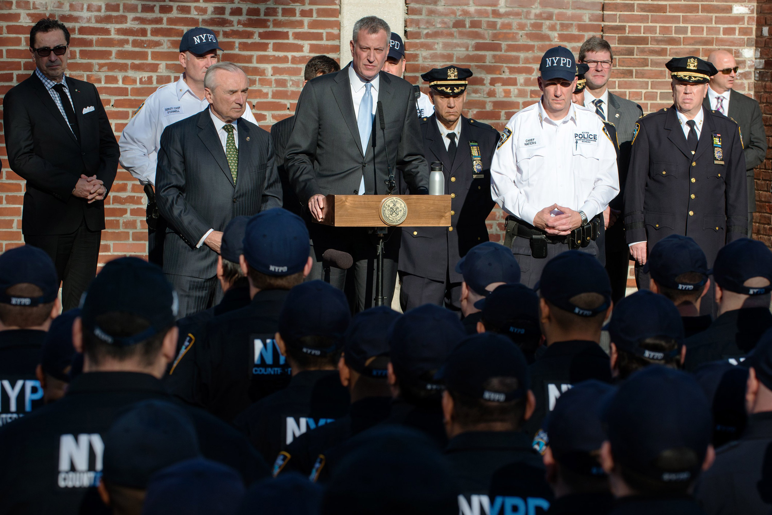 NEW YORK, NY - NOVEMBER 16: New York City Mayor Bill de Blasio announces the formation of the NYPD Critical Command of the Counter-Terrorism Bureau on Randall's Island November 16, 2015 in New York City. Following the announcement was the first deploymen