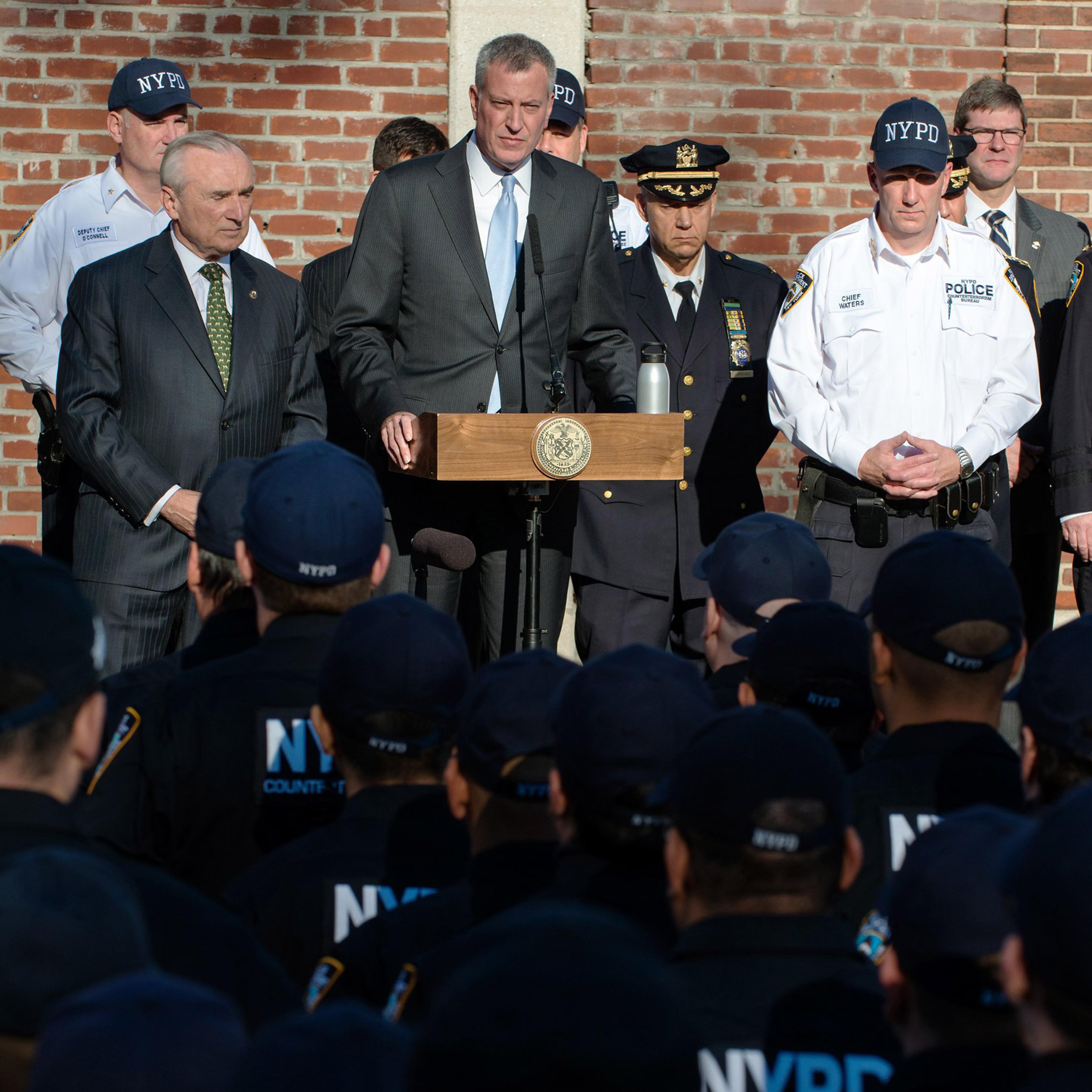NEW YORK, NY - NOVEMBER 16: New York City Mayor Bill de Blasio announces the formation of the NYPD Critical Command of the Counter-Terrorism Bureau on Randall's Island November 16, 2015 in New York City. Following the announcement was the first deploymen