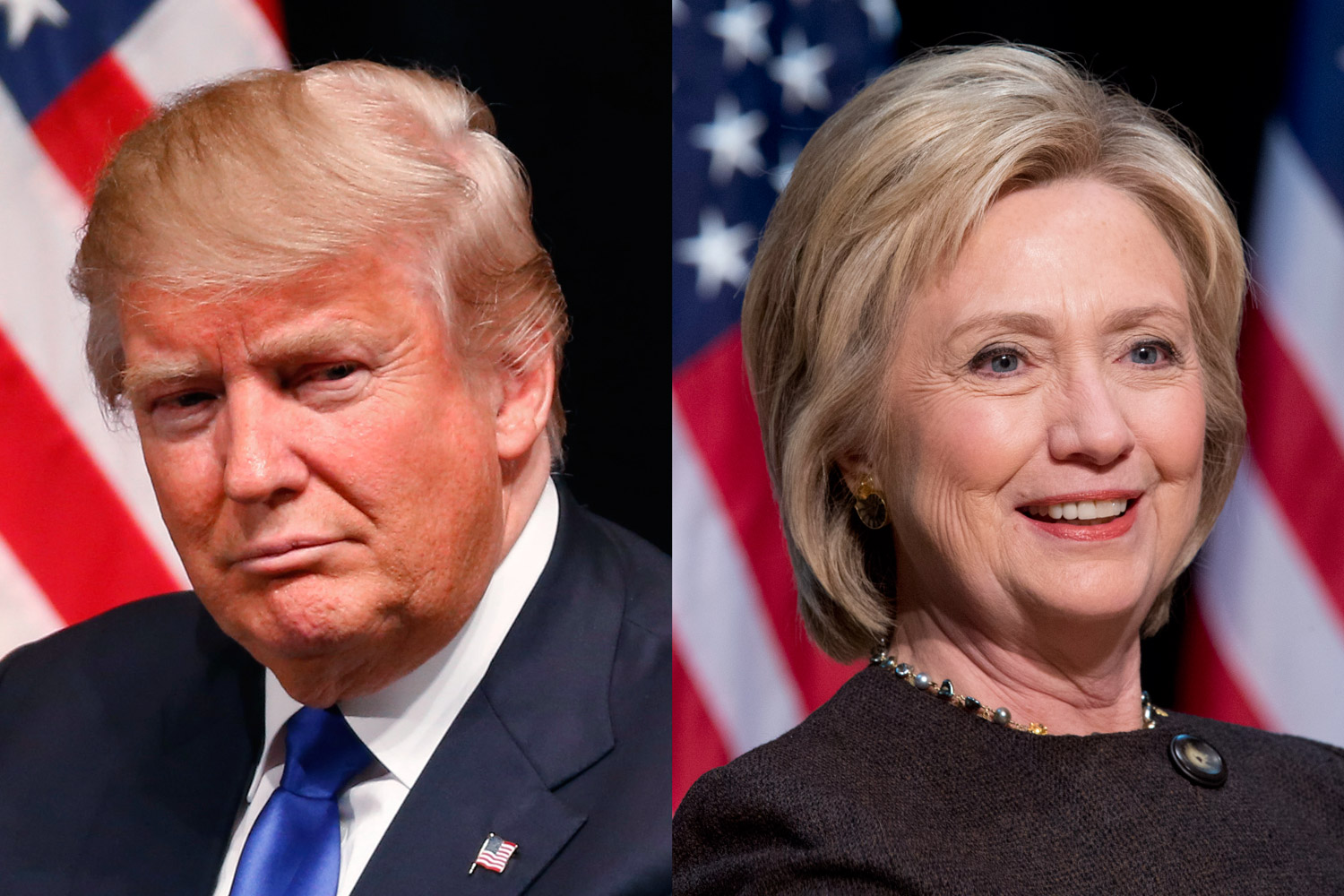 Donald Trump at a campaign event in Davenport, IA on Jan. 30, 2016 (L); Hillary Clinton at a campaign event in Des Moines, IA on Jan. 25, 2016.
