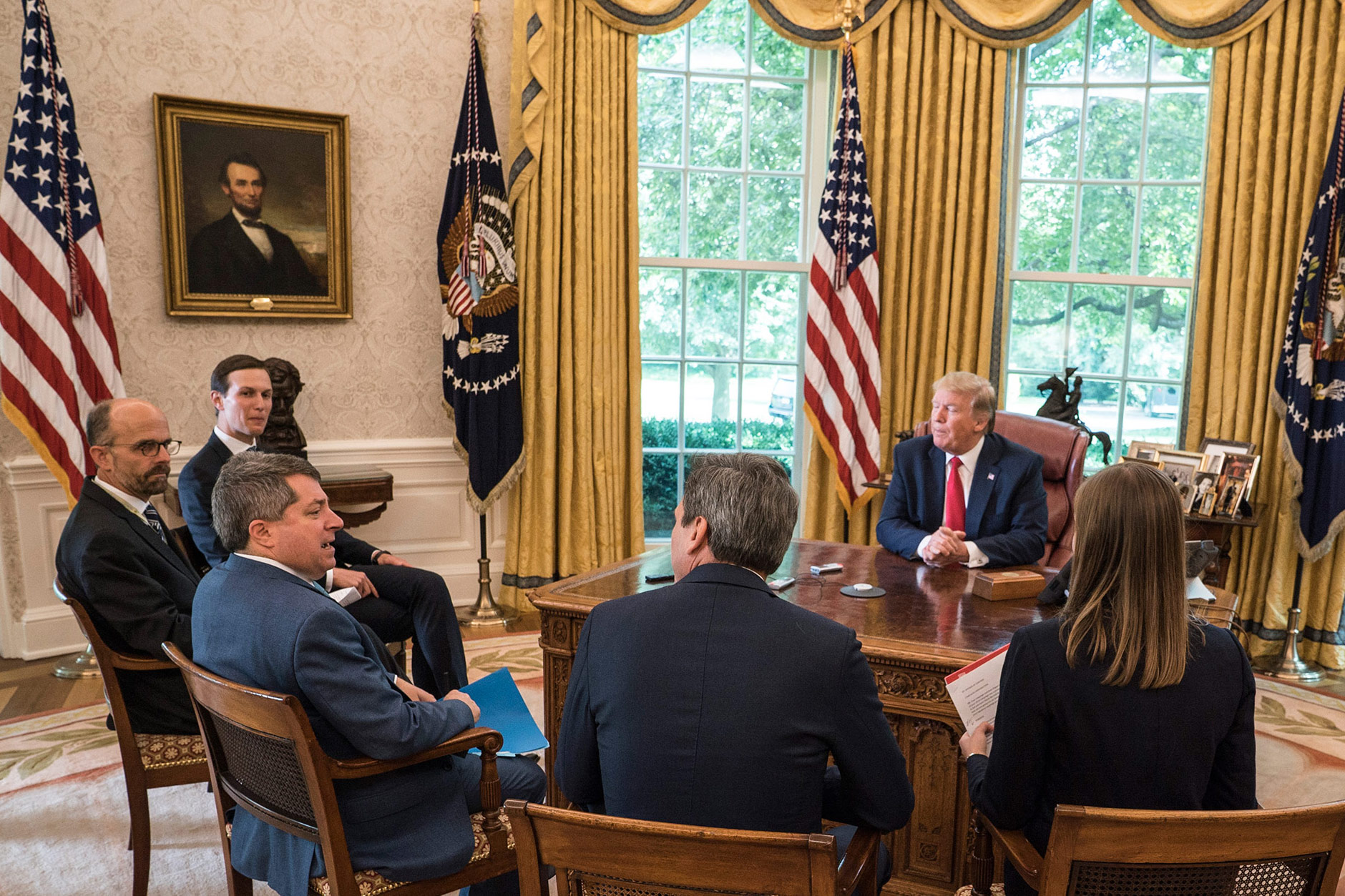 The TIME team with President Trump and senior adviser Jared Kushner, who left at the start of the interview.