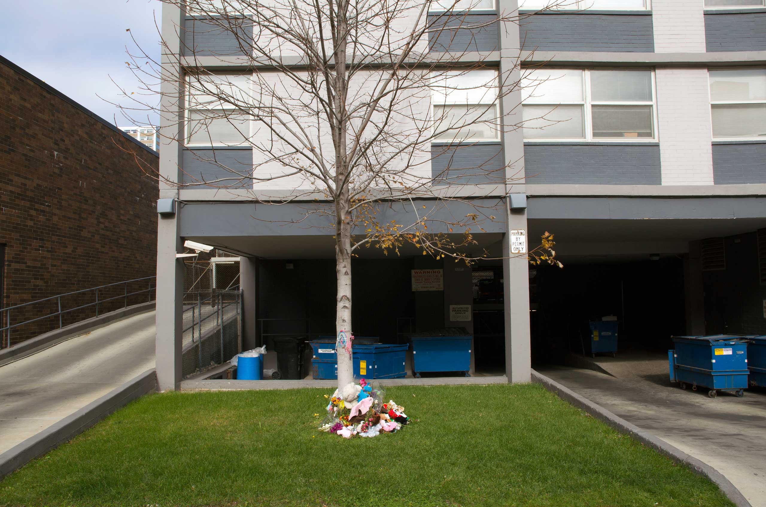 Not Forgotten: Chicago Street Memorials, Gage Gallery at Roosevelt University, Ill.: Sept 29 - Dec 3  (Caption: Location: Uptown, 800 block of W. Eastwood Avenue, Name: Infant—no name available, Cause of death: Dropped from eighth floor window shortly after birth)