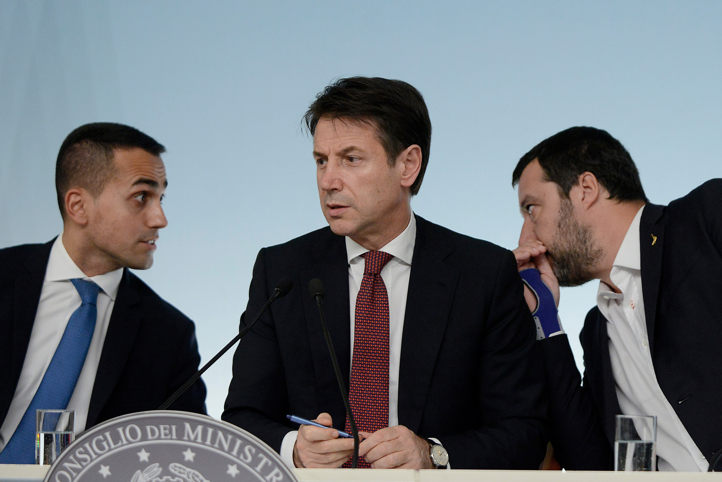 Five Star head Luigi Di Maio, Prime Minister Giuseppe Conte, and League leader Matteo Salvini at a press conference on October 20, 2018 in Rome, Italy.