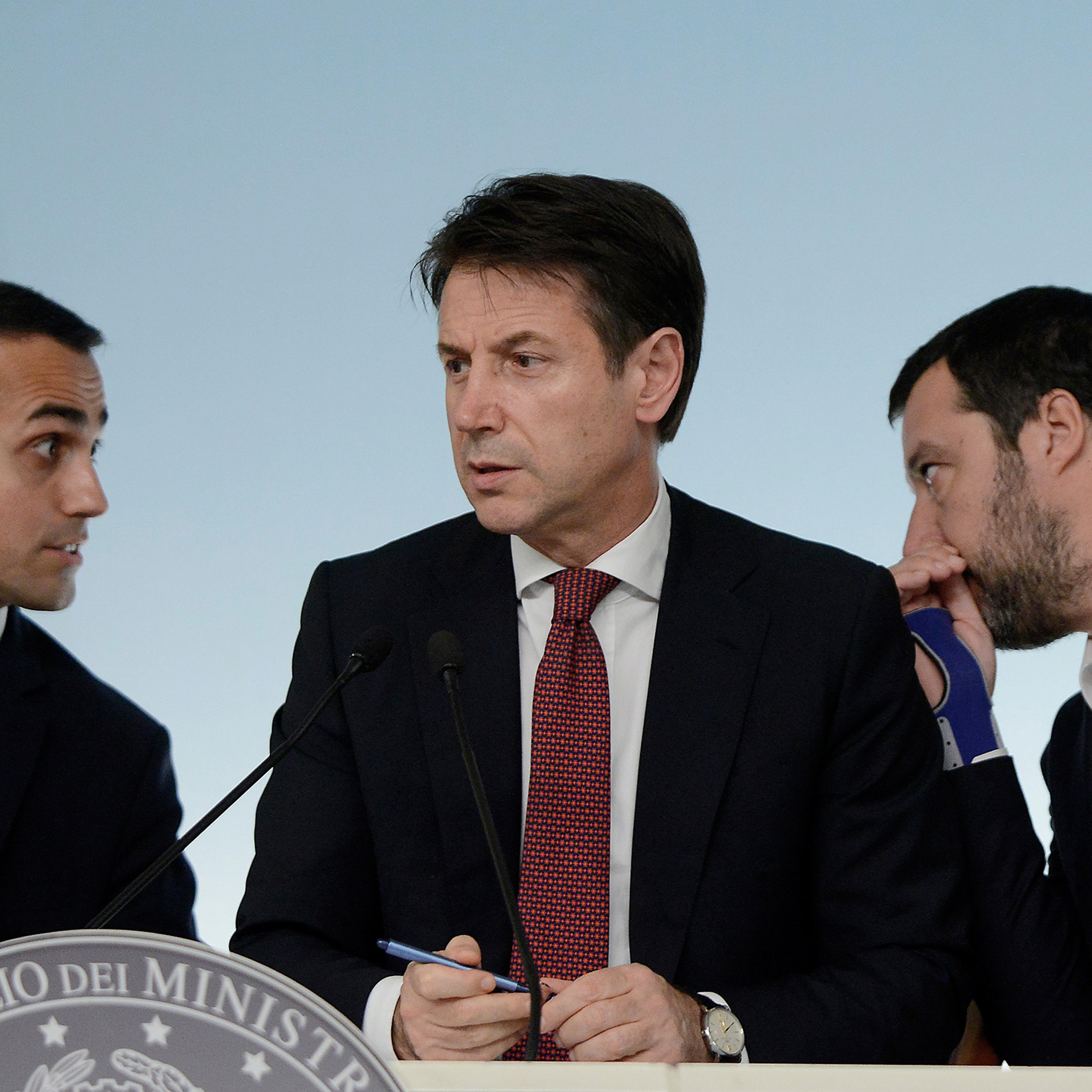 Five Star head Luigi Di Maio, Prime Minister Giuseppe Conte, and League leader Matteo Salvini at a press conference on October 20, 2018 in Rome, Italy.