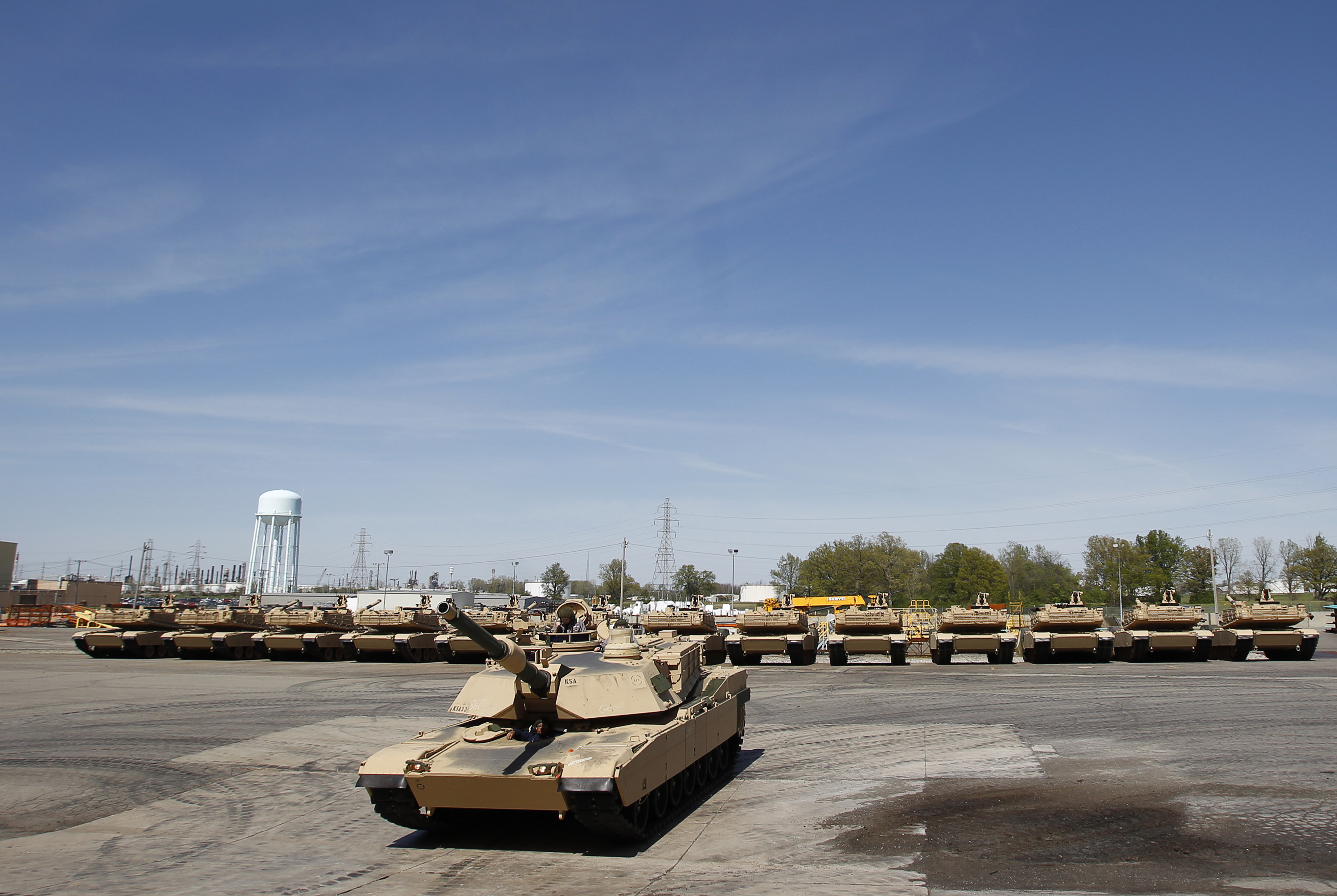 Tanks on display during a tour of the Joint Systems Manufacturing Center, Lima Army Tank Plant, in Lima