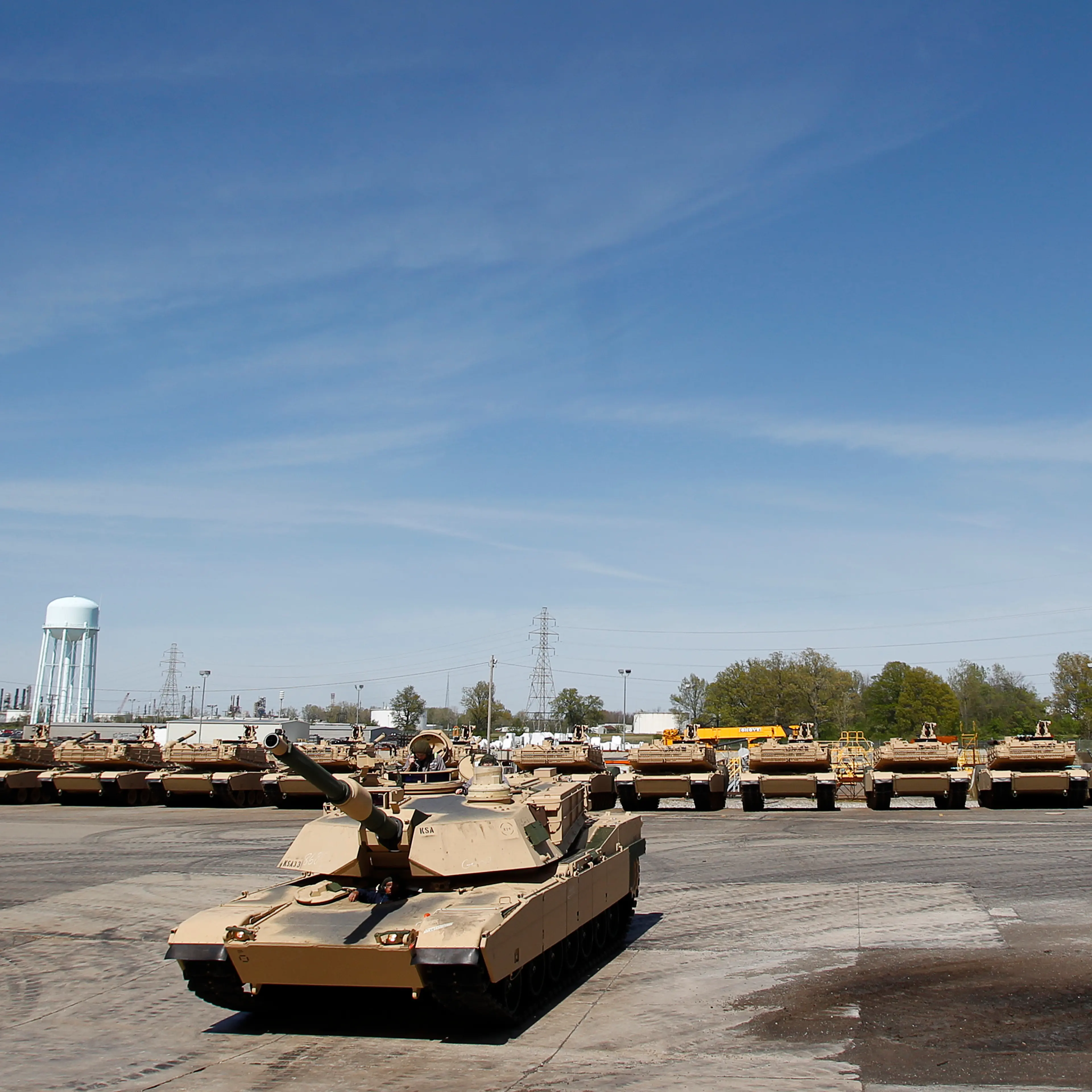 Tanks on display during a tour of the Joint Systems Manufacturing Center, Lima Army Tank Plant, in Lima