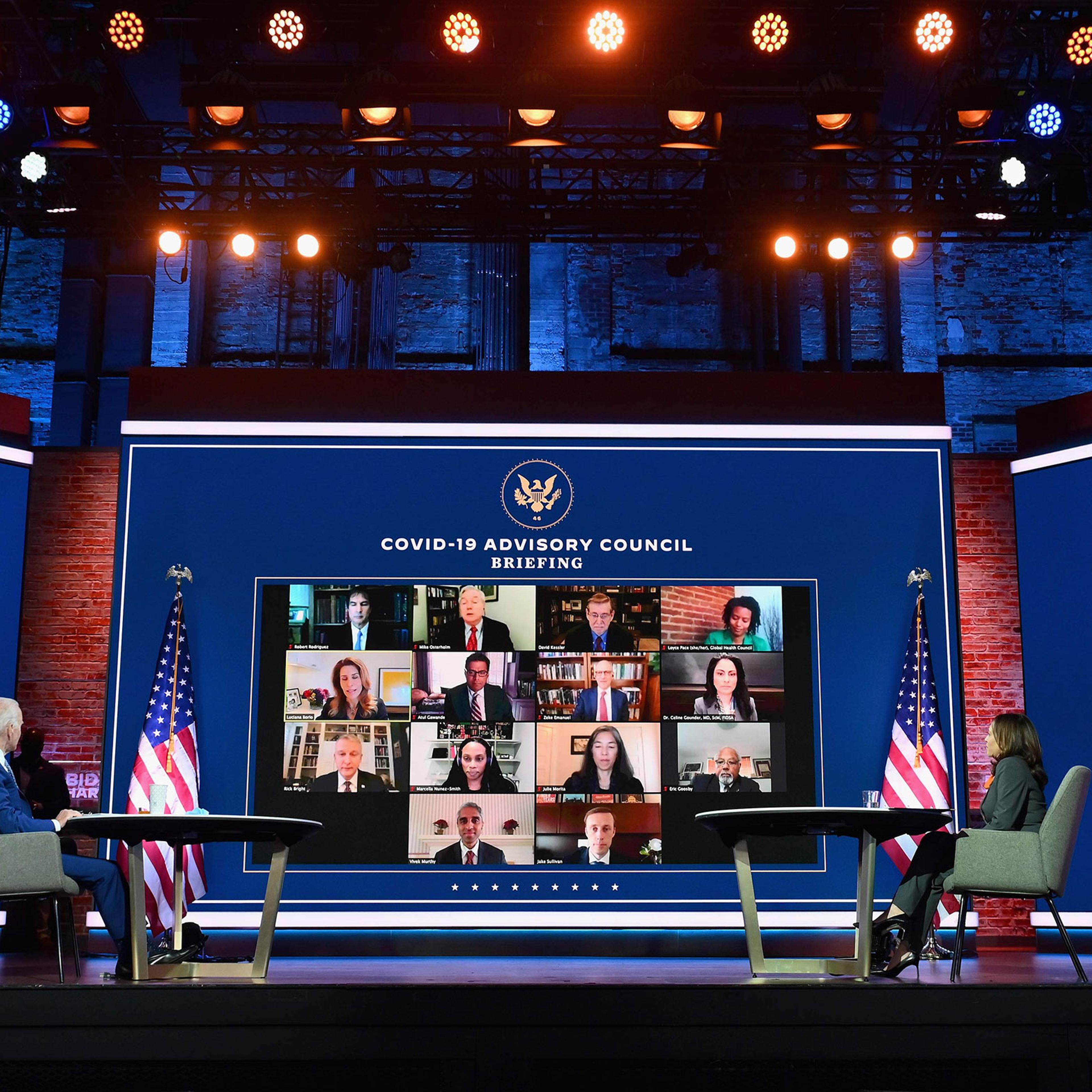 President-elect Joe Biden and Vice President-elect Kamala Harris speak virtually with the Covid-19 Advisory Council during a briefing at The Queen theatre on Nov. 9, 2020 in Wilmington, Del.