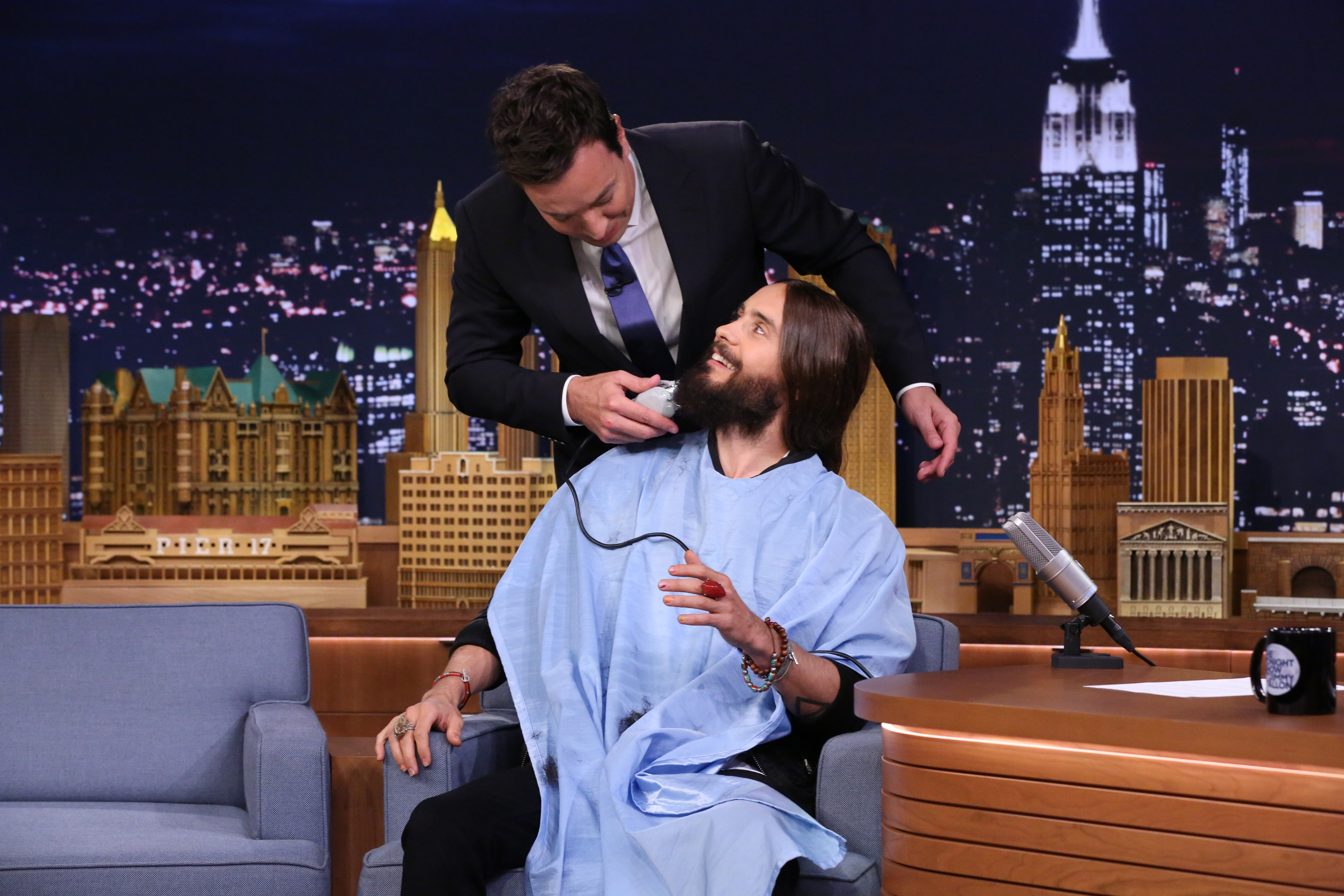 THE TONIGHT SHOW STARRING JIMMY FALLON -- Episode 0112 -- Pictured: (l-r) Jared Leto gets his beard trimmed by host Jimmy Fallon on August 20, 2014