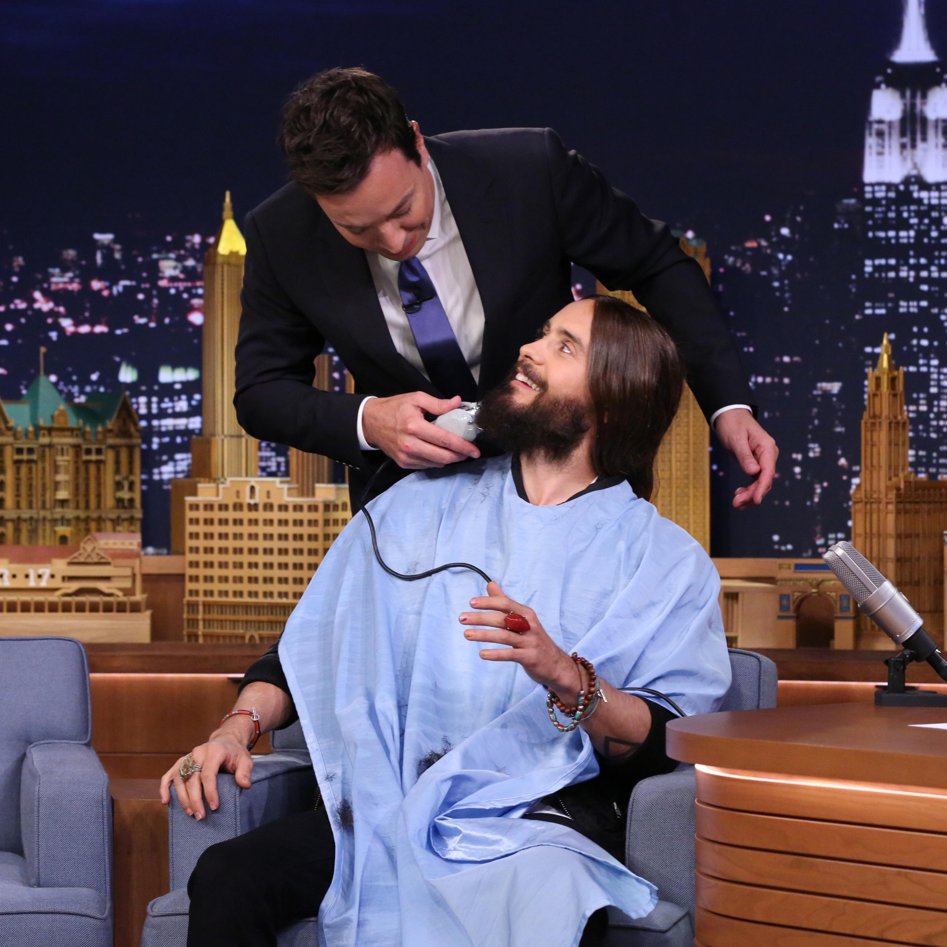 THE TONIGHT SHOW STARRING JIMMY FALLON -- Episode 0112 -- Pictured: (l-r) Jared Leto gets his beard trimmed by host Jimmy Fallon on August 20, 2014