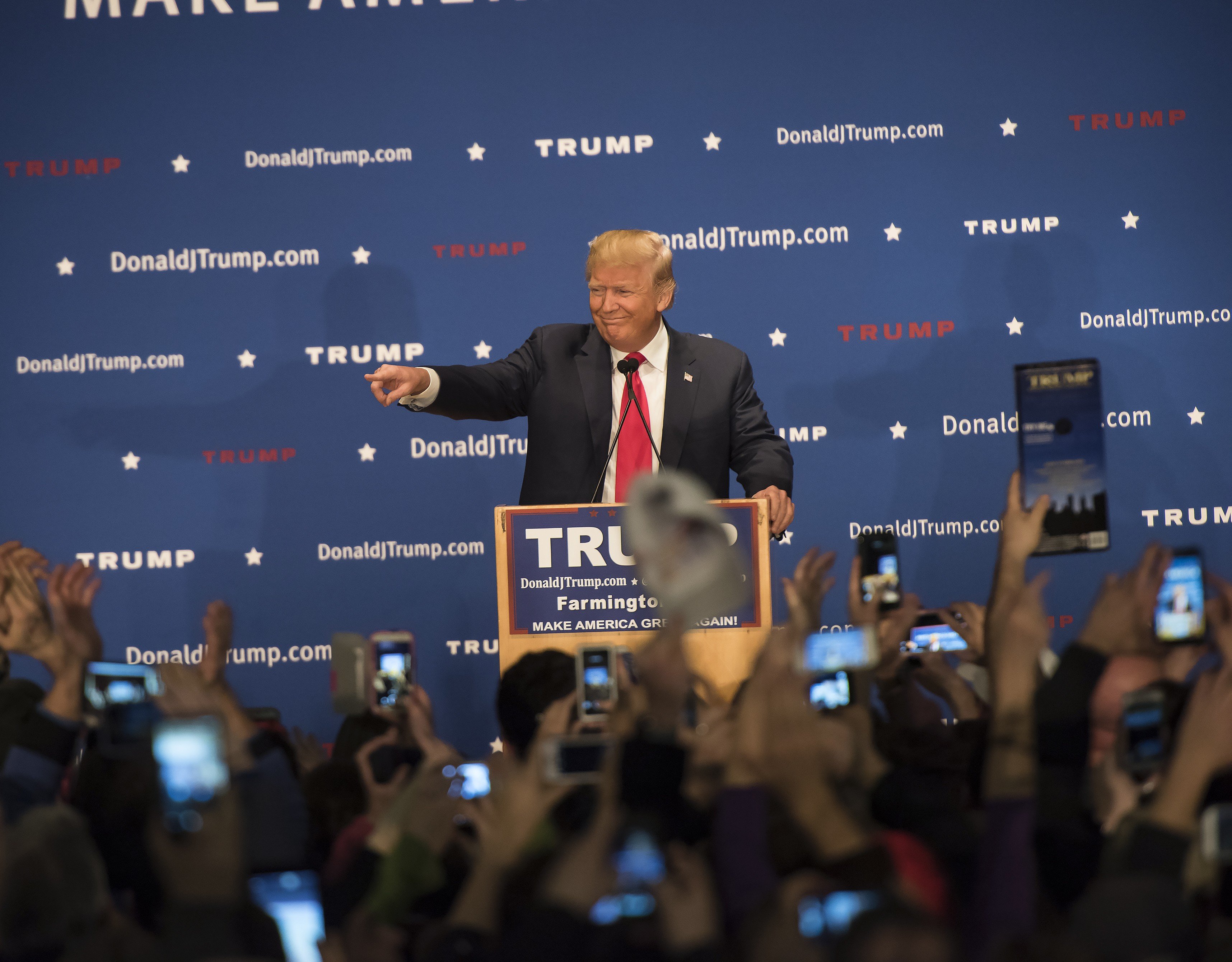 Republican Presidential candidate, Donald Trump speaking at a campaign stop at Farmington High School in Farmington, NH. on Jan. 25, 2016.