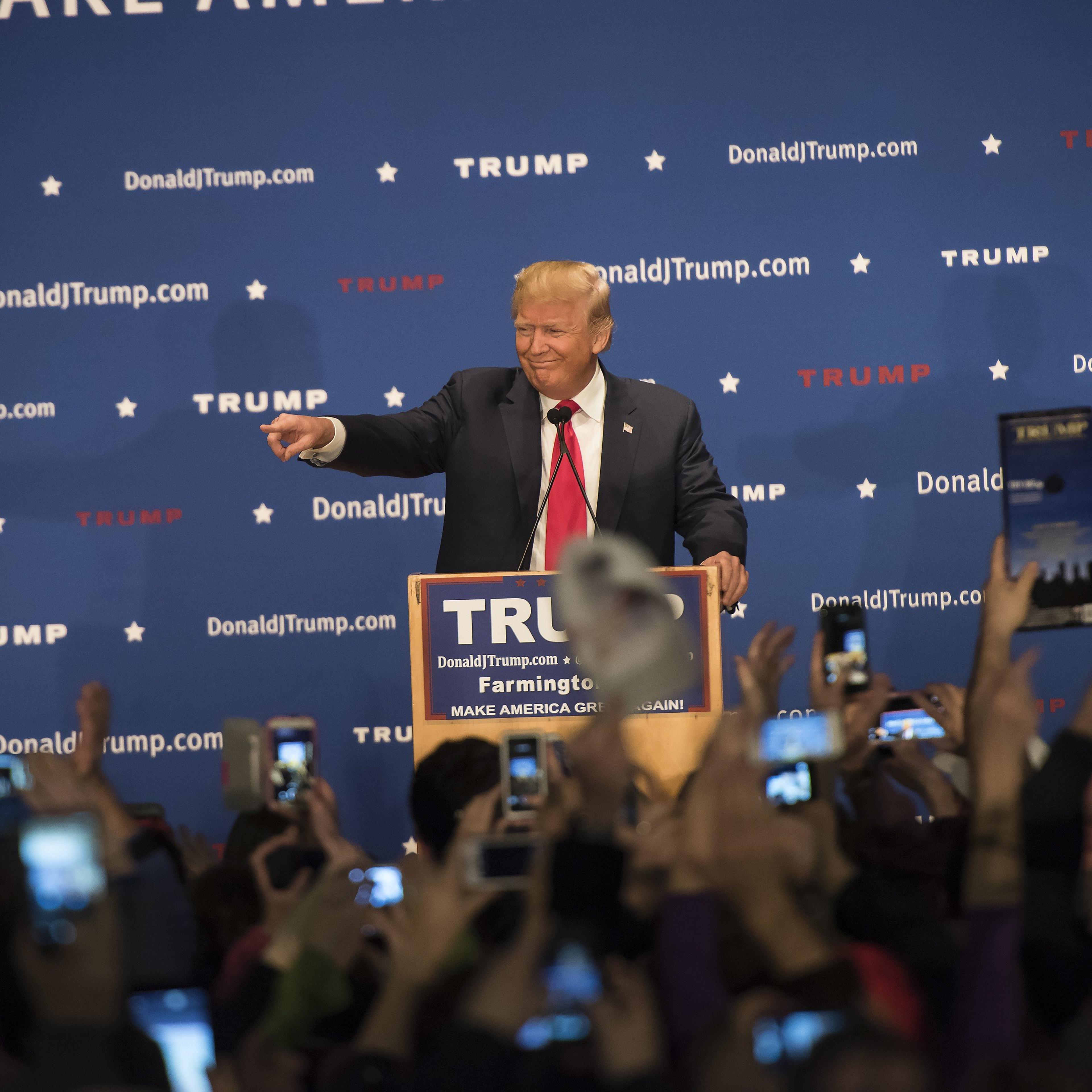 Republican Presidential candidate, Donald Trump speaking at a campaign stop at Farmington High School in Farmington, NH. on Jan. 25, 2016.