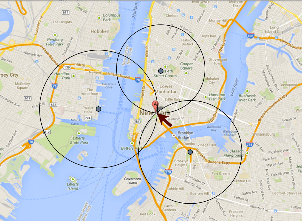 A diagram that shows how someone could have triangulated location data to locate a Tinder user