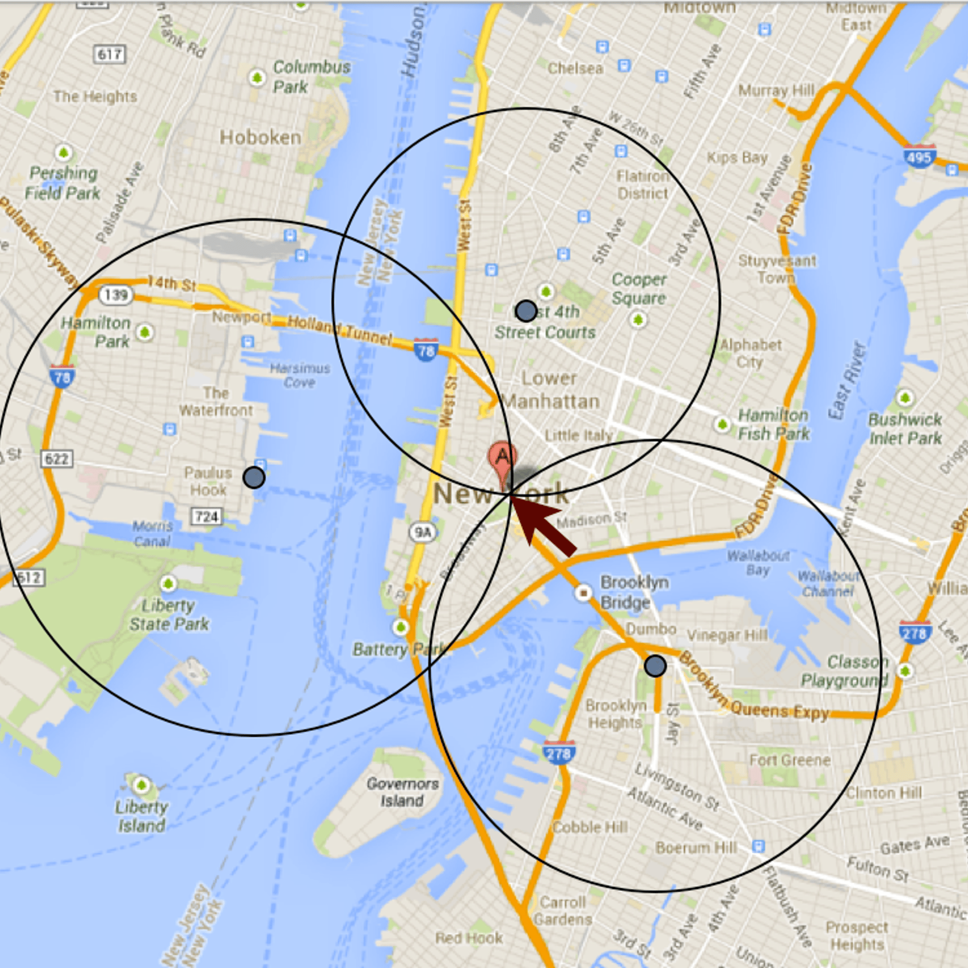 A diagram that shows how someone could have triangulated location data to locate a Tinder user