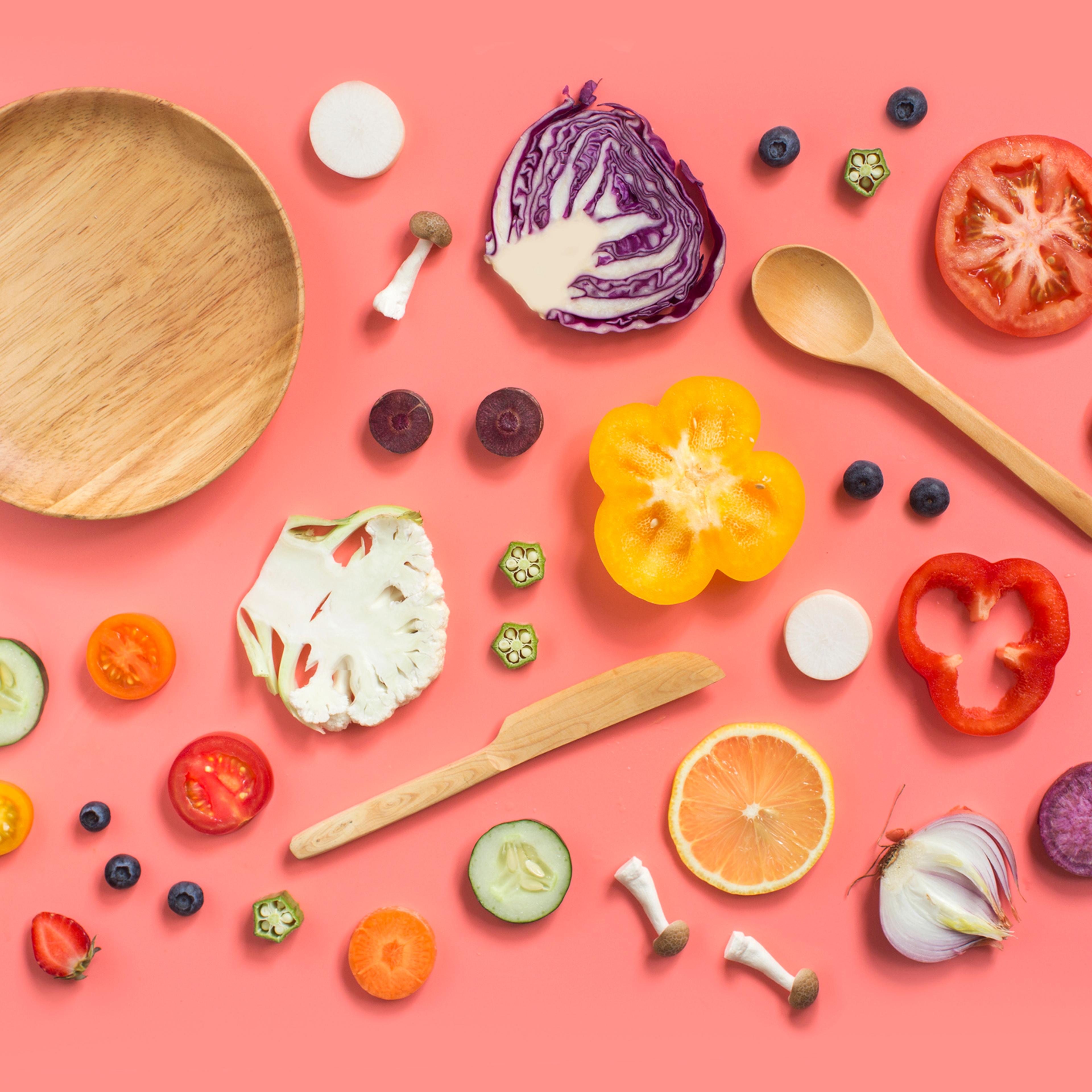 Colourful conceptual vegan food still life.