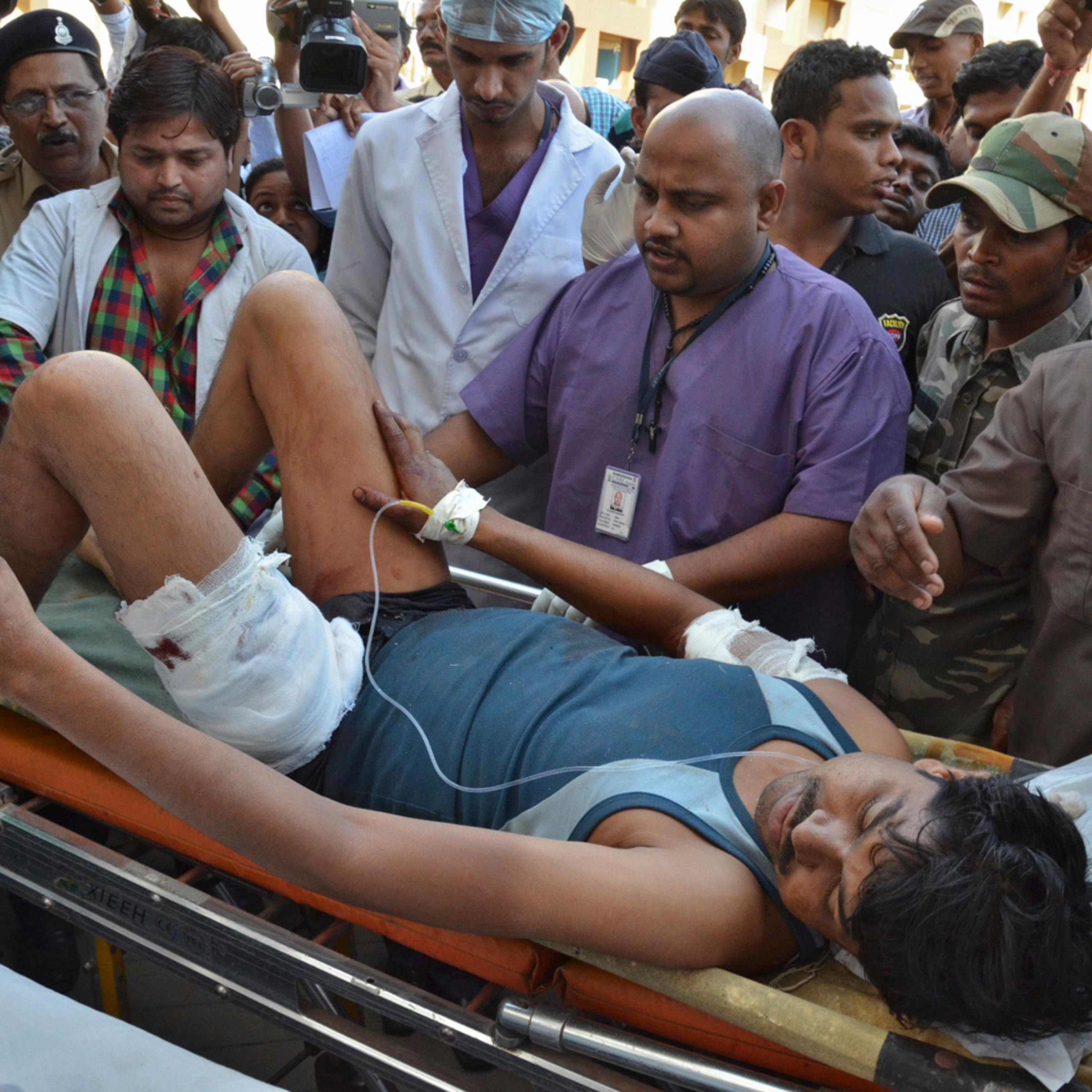 An injured Indian CRPF personnel is taken to a hospital at Raipur
