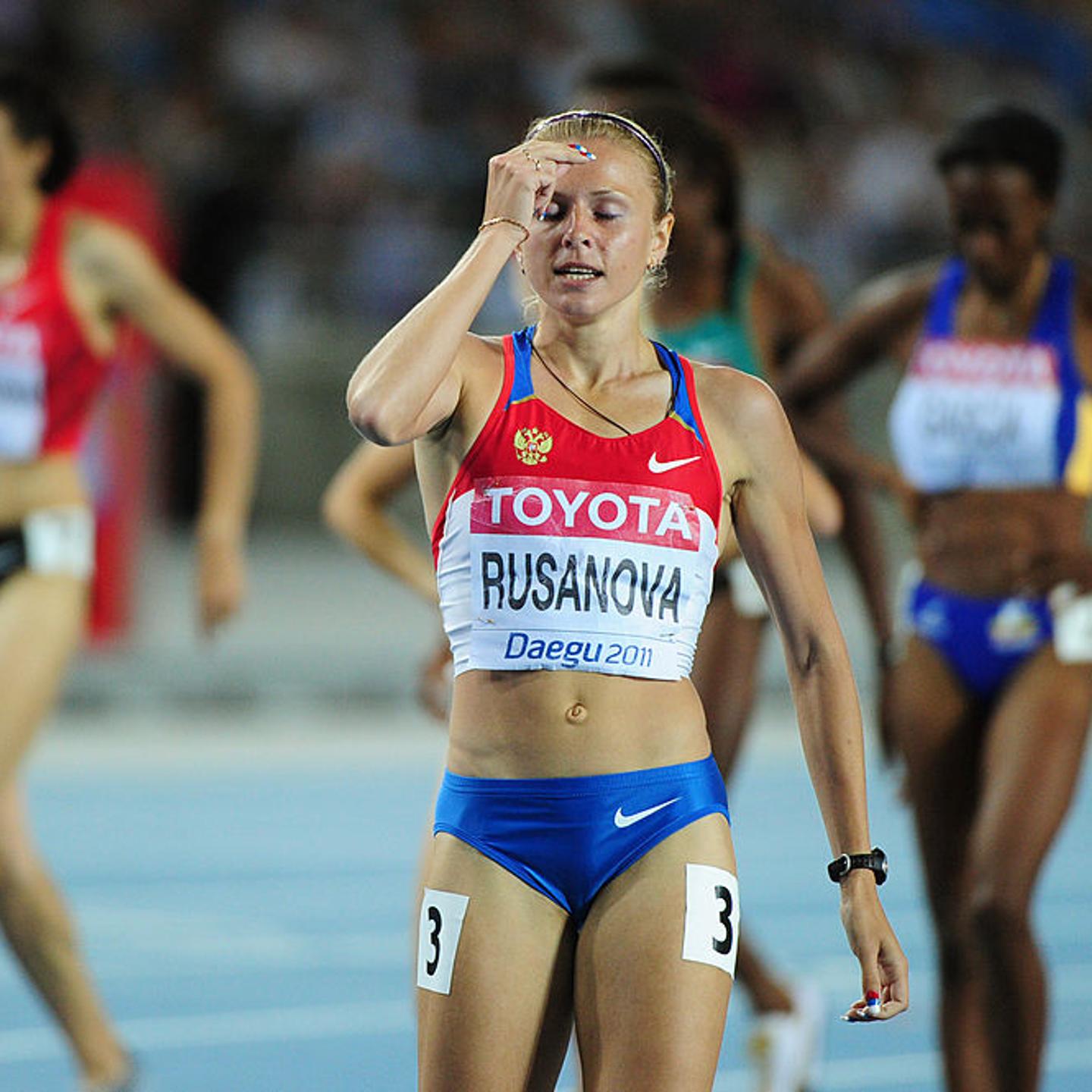 Russia's Yuliya Rusanova reacts after competing in the women's 800 metres semi-finals at the International Association of Athletics Federations (IAAF) World Championships in Daegu on Sept. 2, 2011.