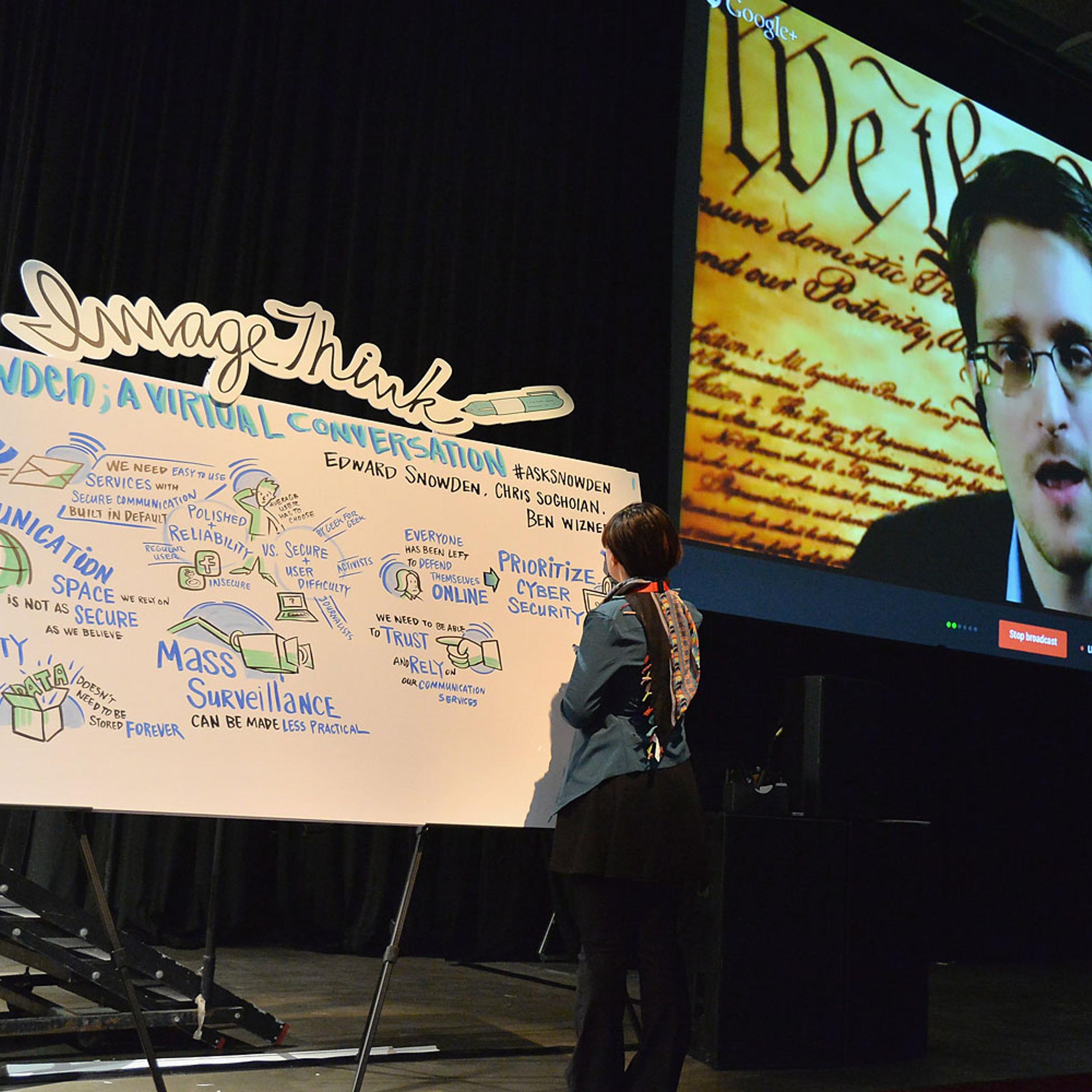 NSA whistleblower Edward Snowden speaks via videoconference at the "Virtual Conversation With Edward Snowden" during the 2014 SXSW Music, Film + Interactive Festival at the Austin Convention Center on March 10, 2014 in Austin.