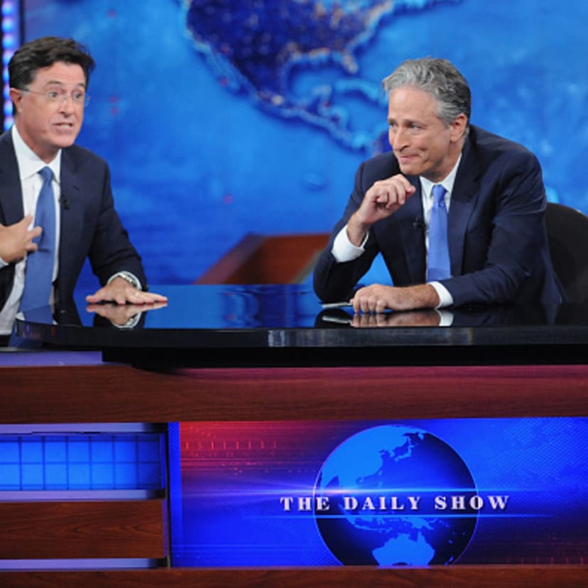 Stephen Colbert and Jon Stewart appear on 'The Daily Show with Jon Stewart' #JonVoyage on August 6, 2015 in New York City.