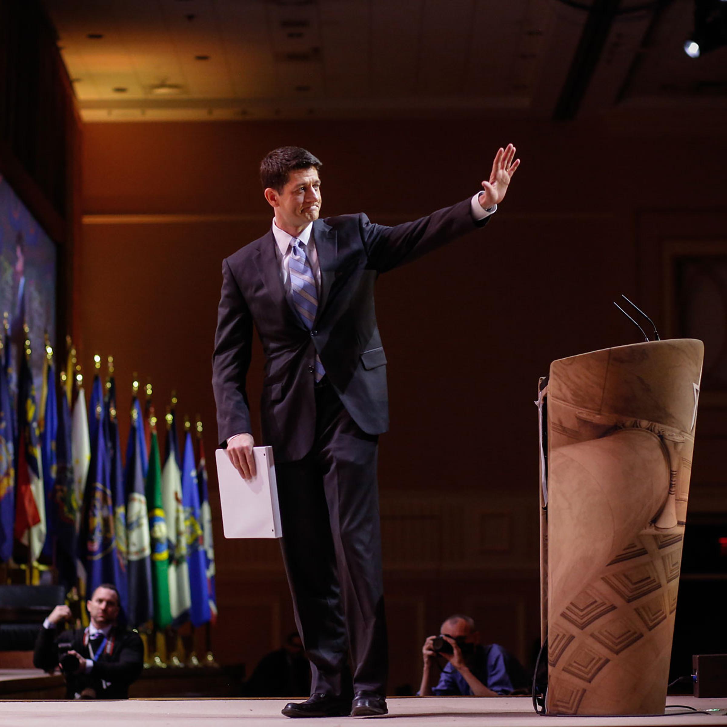 Congressman Paul Ryan, of Wisconsin, waves to the crowd after speaking during the Conservative Political Action Conference at the Gaylord National Resort & Convention Center in National Harbor, Md., March 6, 2014.