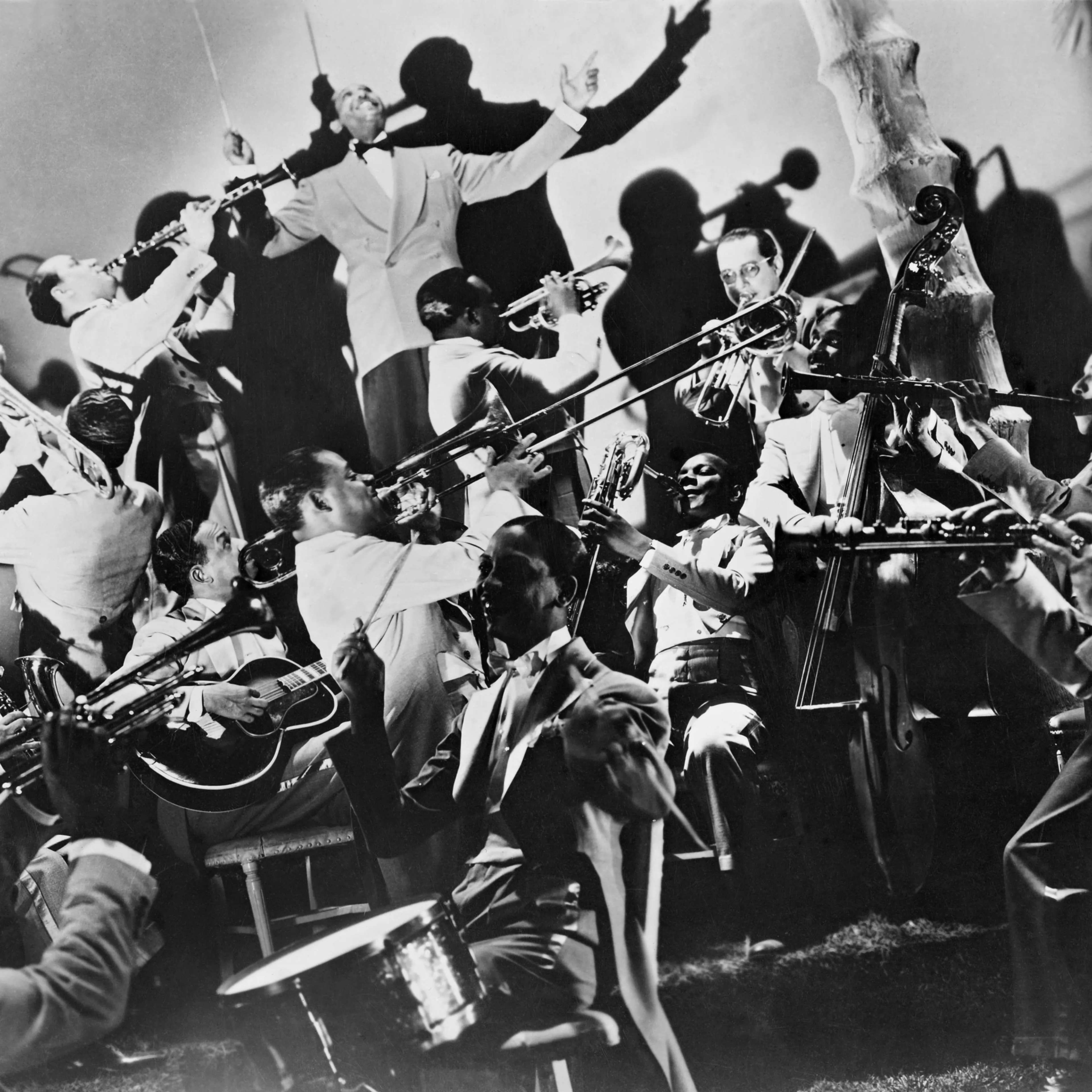 Duke Ellington leads his jazz band, circa 1945.