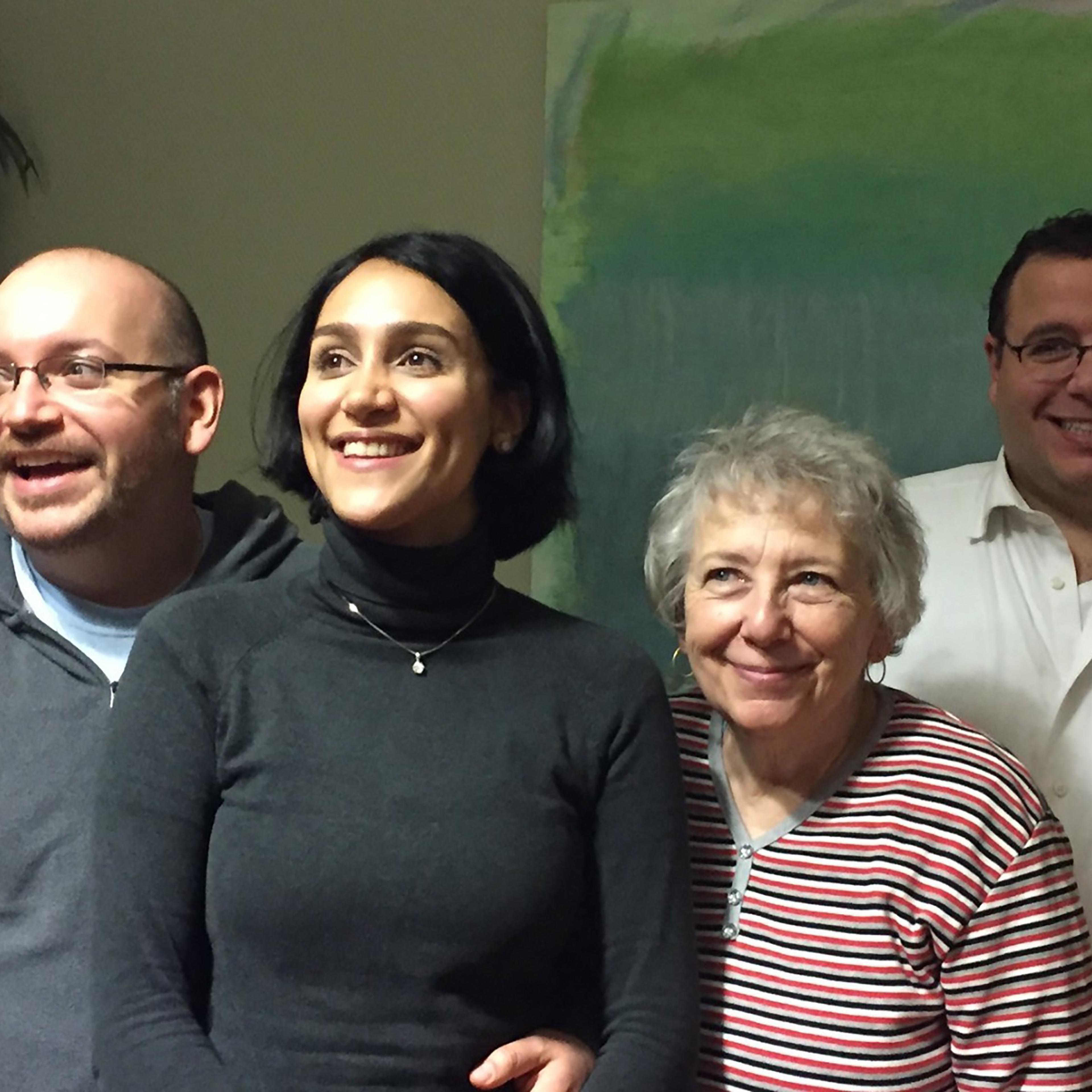 Washington Post journalist Jason Rezaian (left), freed after 18 months of incarceration in an Iranian prison, reunites with his wife Yeganeh Salehi, mother Mary Rezaian and brother Ali Rezaian, on Jan. 18, 2016.