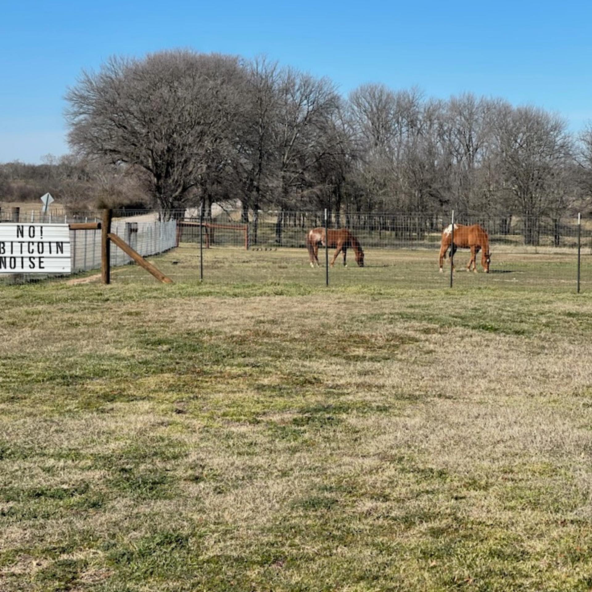 Cheryl Shadden, a resident of Granbury, hung a sign on her street to protest the noise from a nearby bitcoin facility.