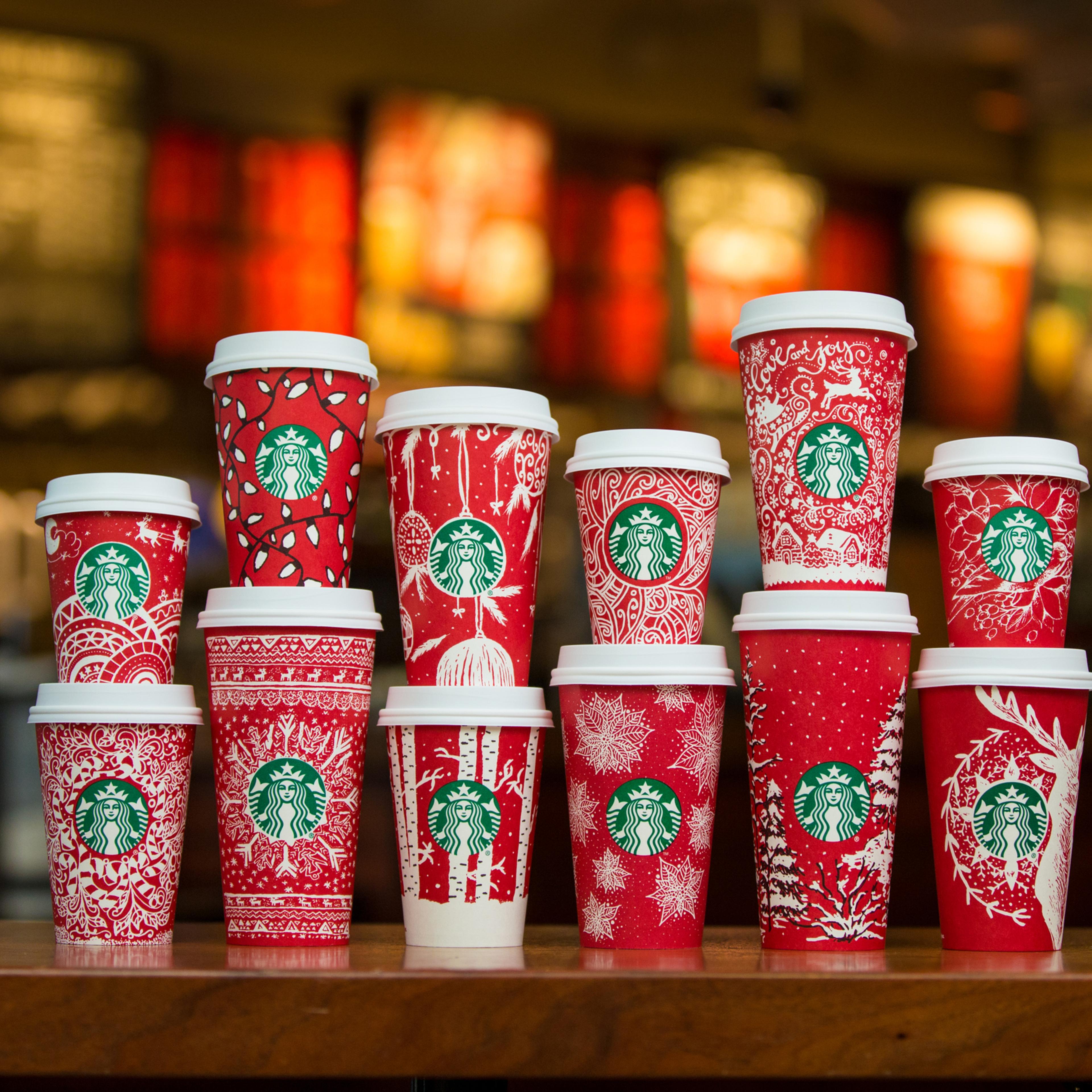 Starbucks red holiday cups photographed on November 9, 2016. (Joshua Trujillo, Starbucks)