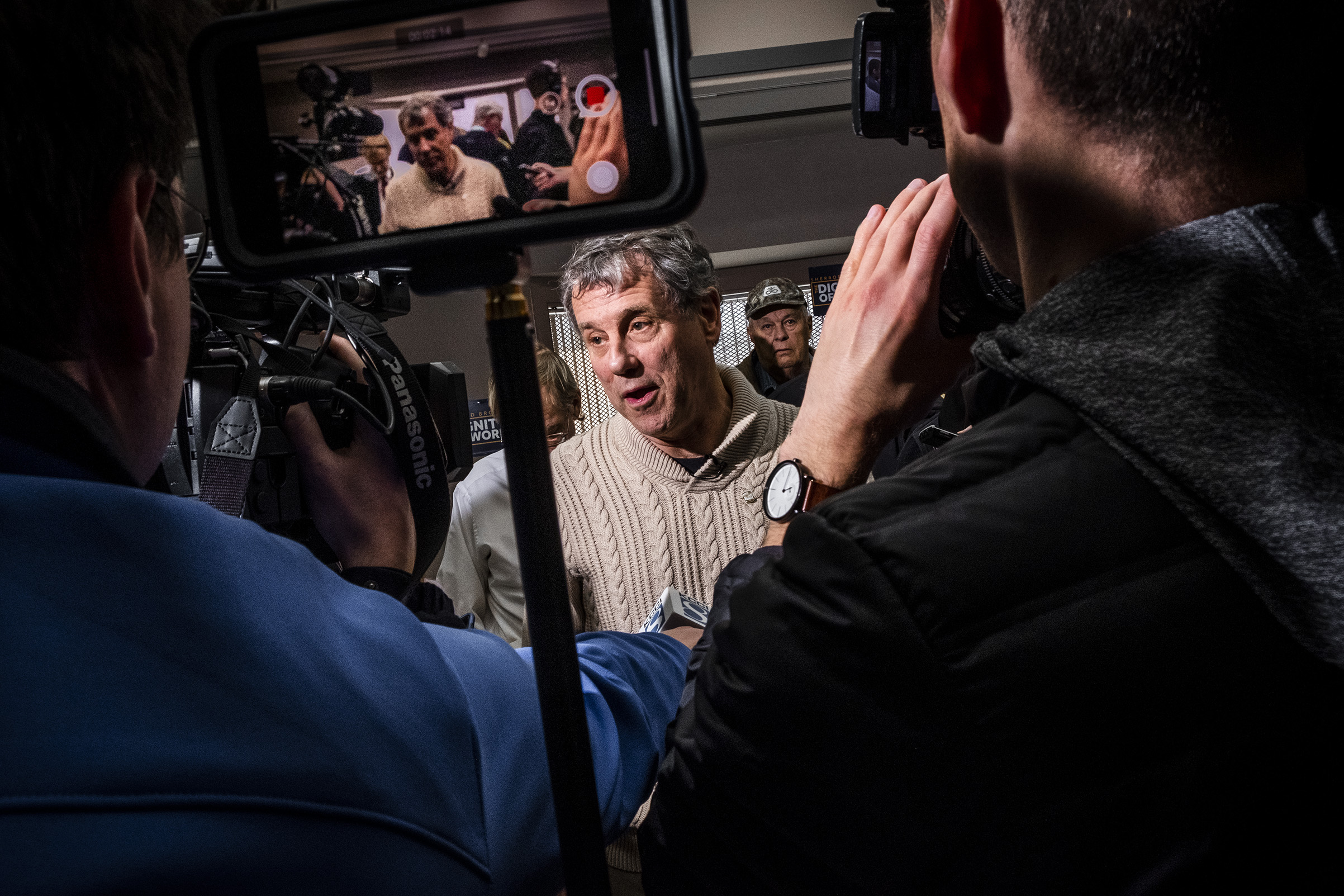 Ohio Sen. Sherrod Brown speaks to press during a roundtable with local farmers during his Dignity of Work tou