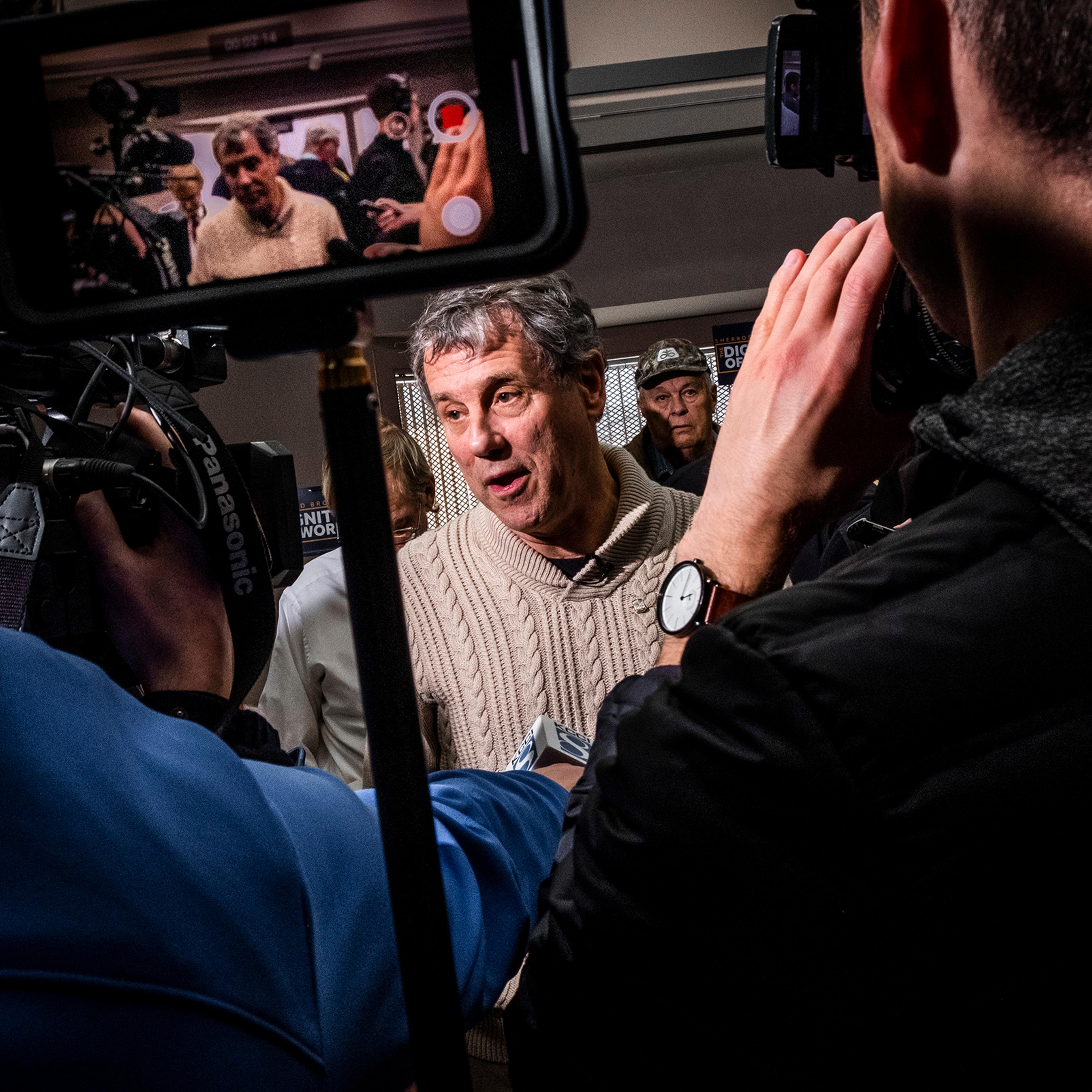 Ohio Sen. Sherrod Brown speaks to press during a roundtable with local farmers during his Dignity of Work tou