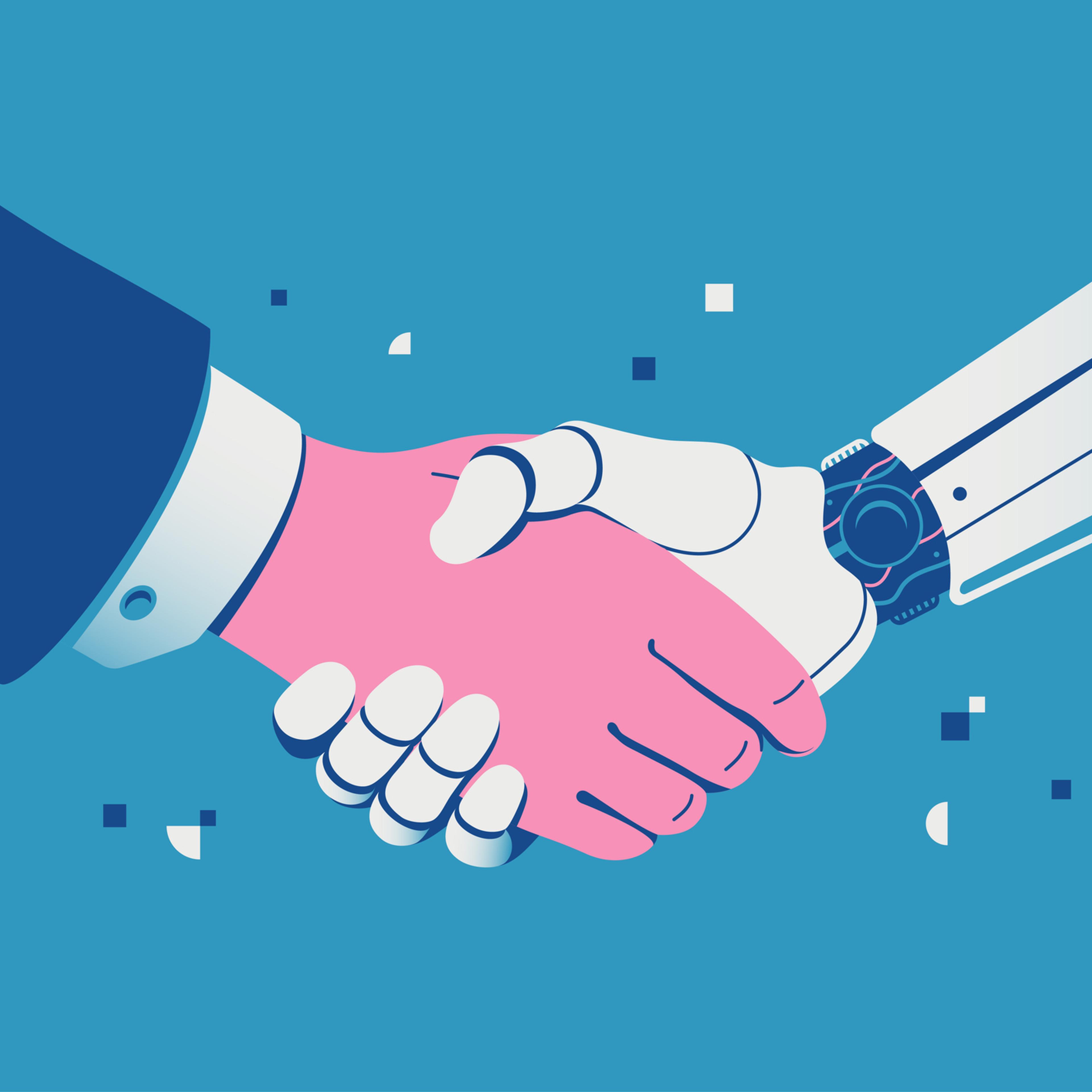 Handshake with a robot. Robot and businessman shaking hands. Collaboration between human and artificial intelligence. Robotization in business. Vector illustration.