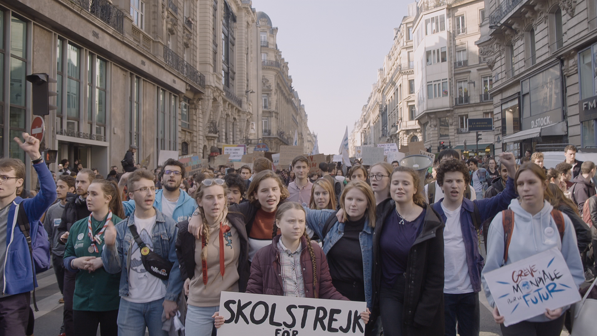 Greta Thunberg participating in a climate strike in I AM GRETA