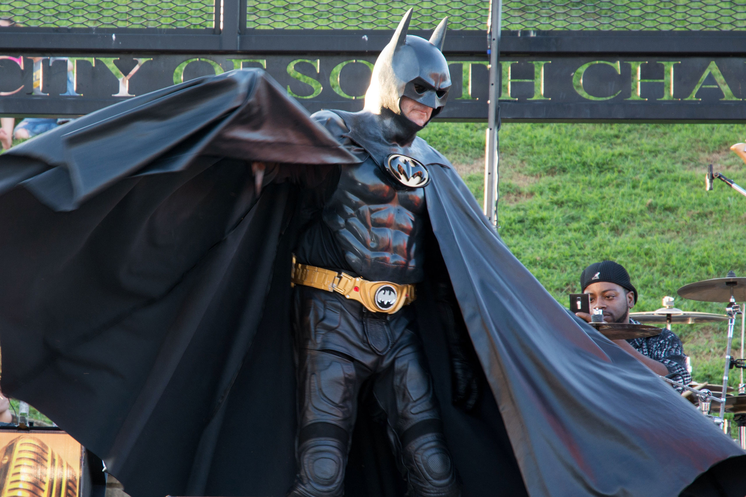 In this Aug. 15, 2015 photo provided by Linda Weekley, Leonard Robinson performs at SummerFest in South Charleston, W.Va. The Maryland man who delighted thousands of children by impersonating Batman at hospitals and charity events died when he was hit by
