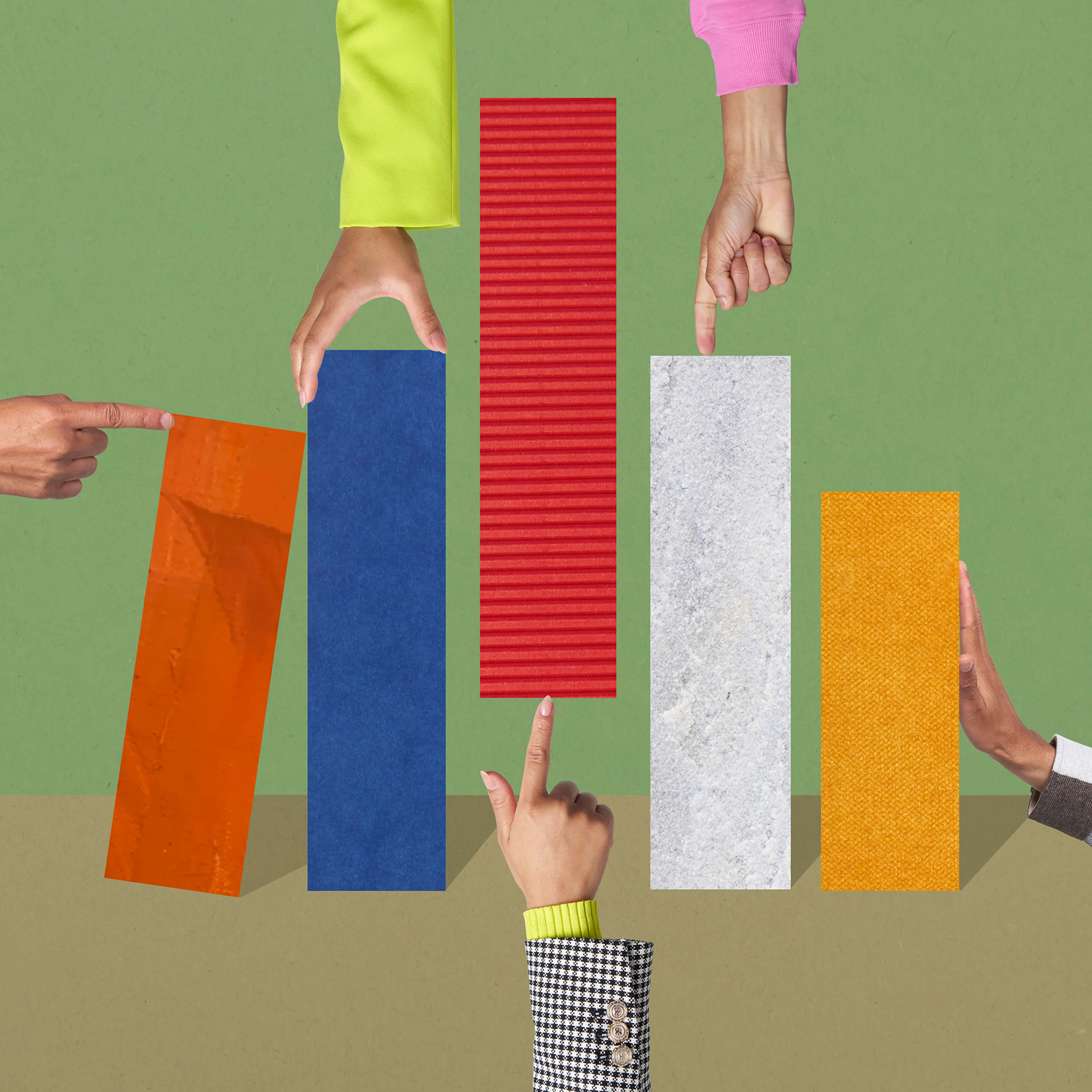 Colourful image of people manipulating columns of a bar graph.