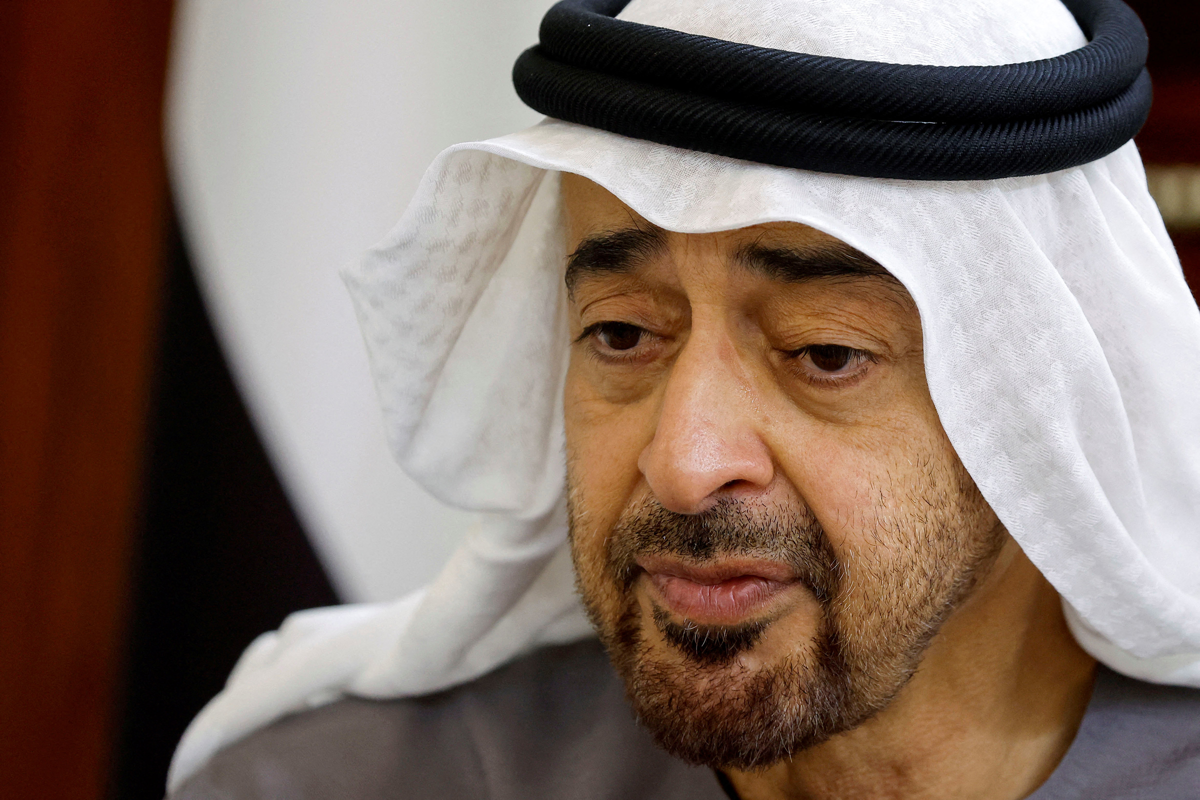 Newly-elected president of the United Arab Emirates Sheikh Mohammed bin Zayed Al Nahyan looks on during a meeting with French President in Abu Dhabi, United Arab Emirates, on May 15, 2022.