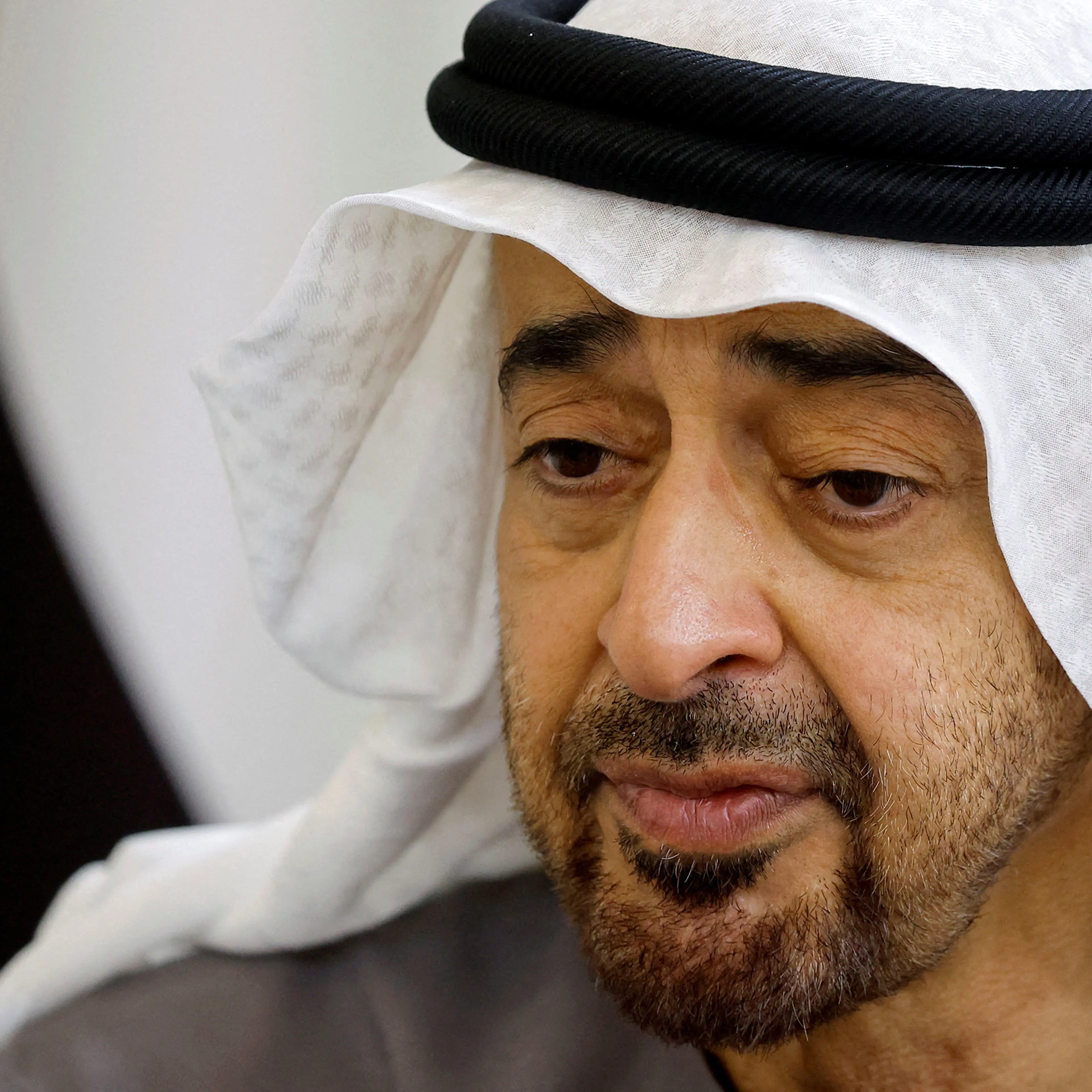 Newly-elected president of the United Arab Emirates Sheikh Mohammed bin Zayed Al Nahyan looks on during a meeting with French President in Abu Dhabi, United Arab Emirates, on May 15, 2022.