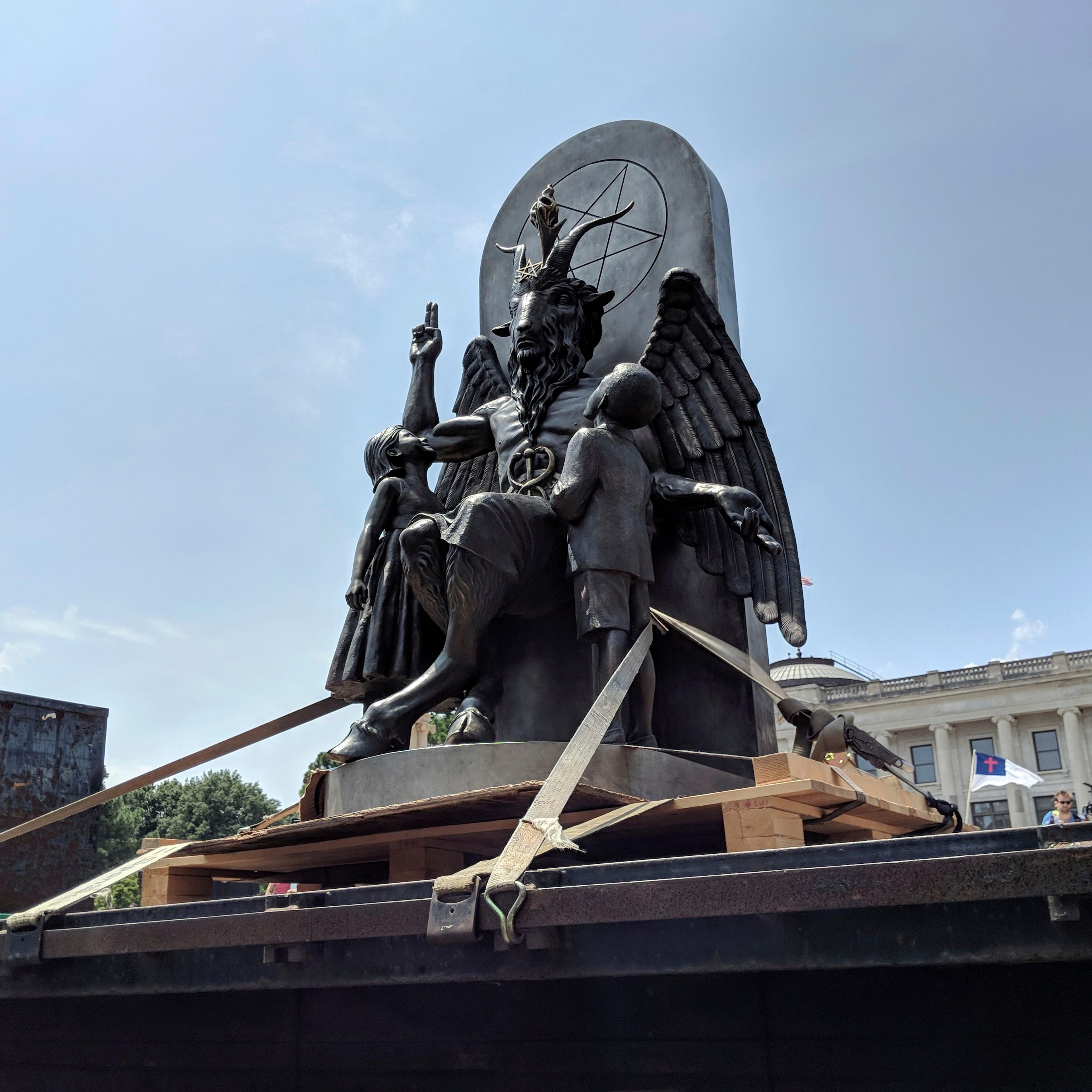 The statue of Baphomet, a winged-goat creature, in Little Rock