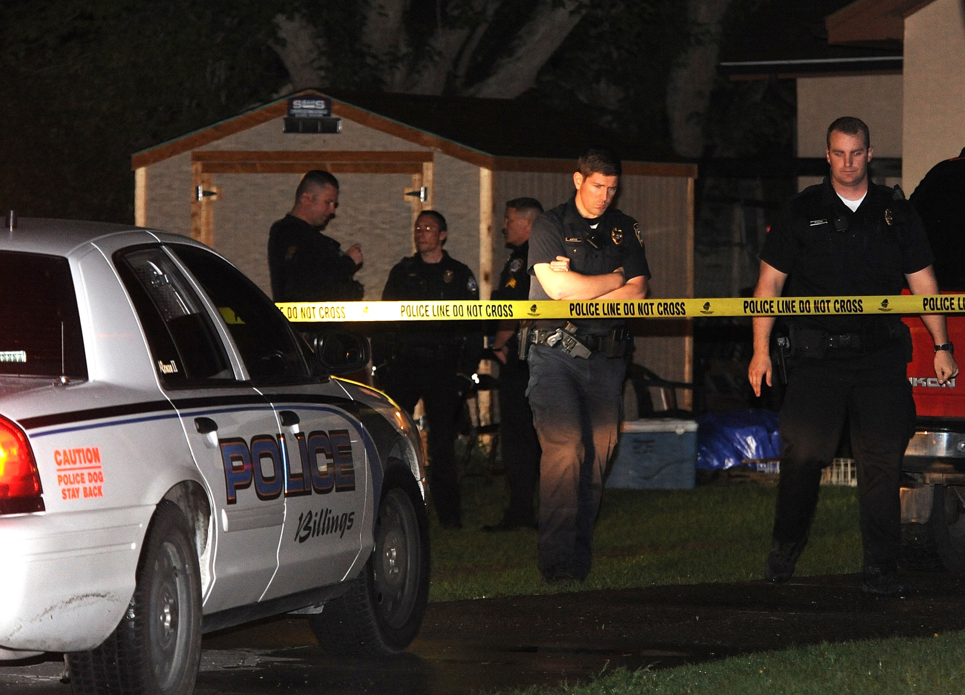 Billings police are on the scene of a shooting with one person dead, Sunday, May 17, 2015. A Montana boy startled at being awakened in the middle of the night fired a shot through his bedroom window and killed the 15-year-old friend who had been knocking