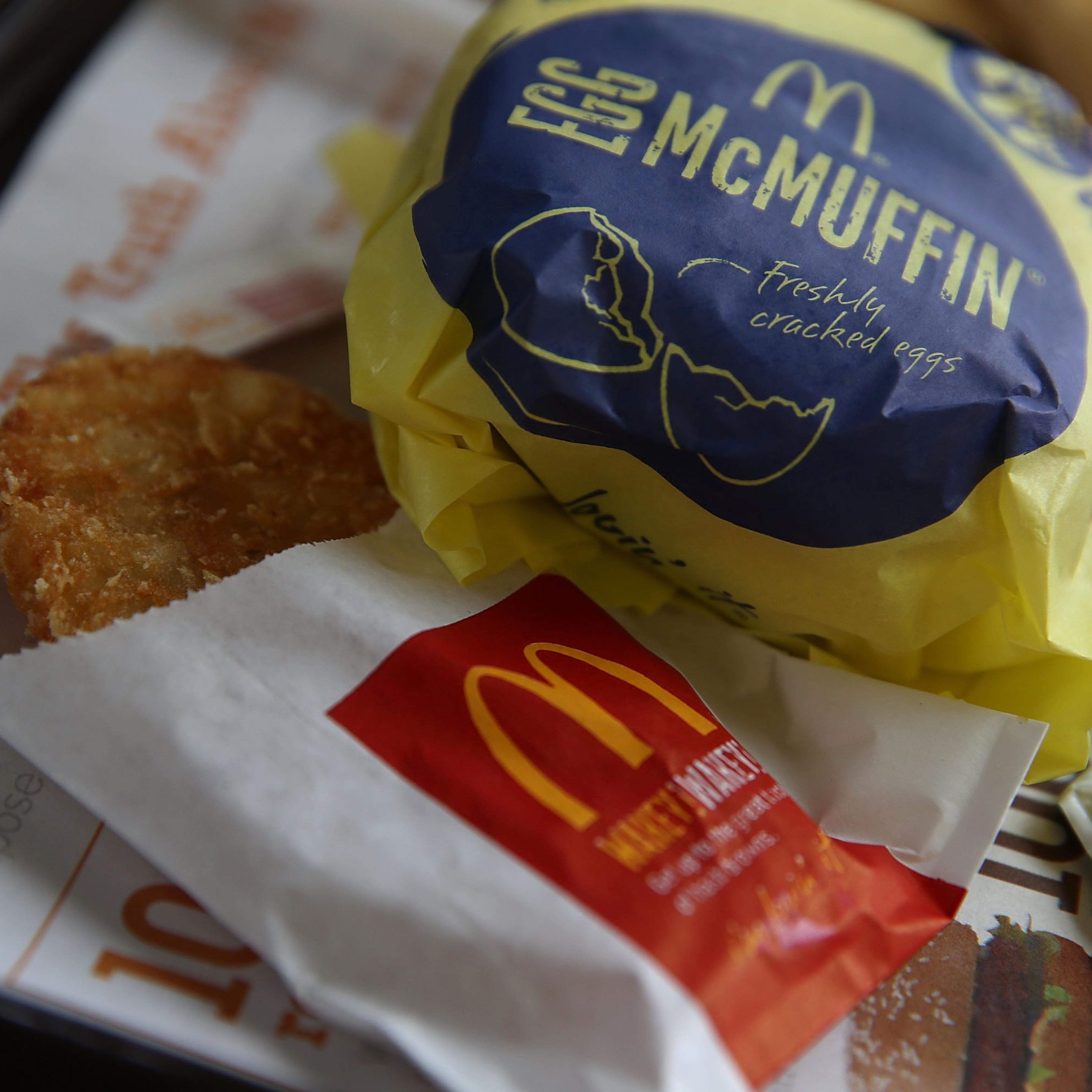 A McDonald's Egg McMuffin and hash browns are displayed at a McDonald's restaurant on July 23, 2015 in Fairfield, California.