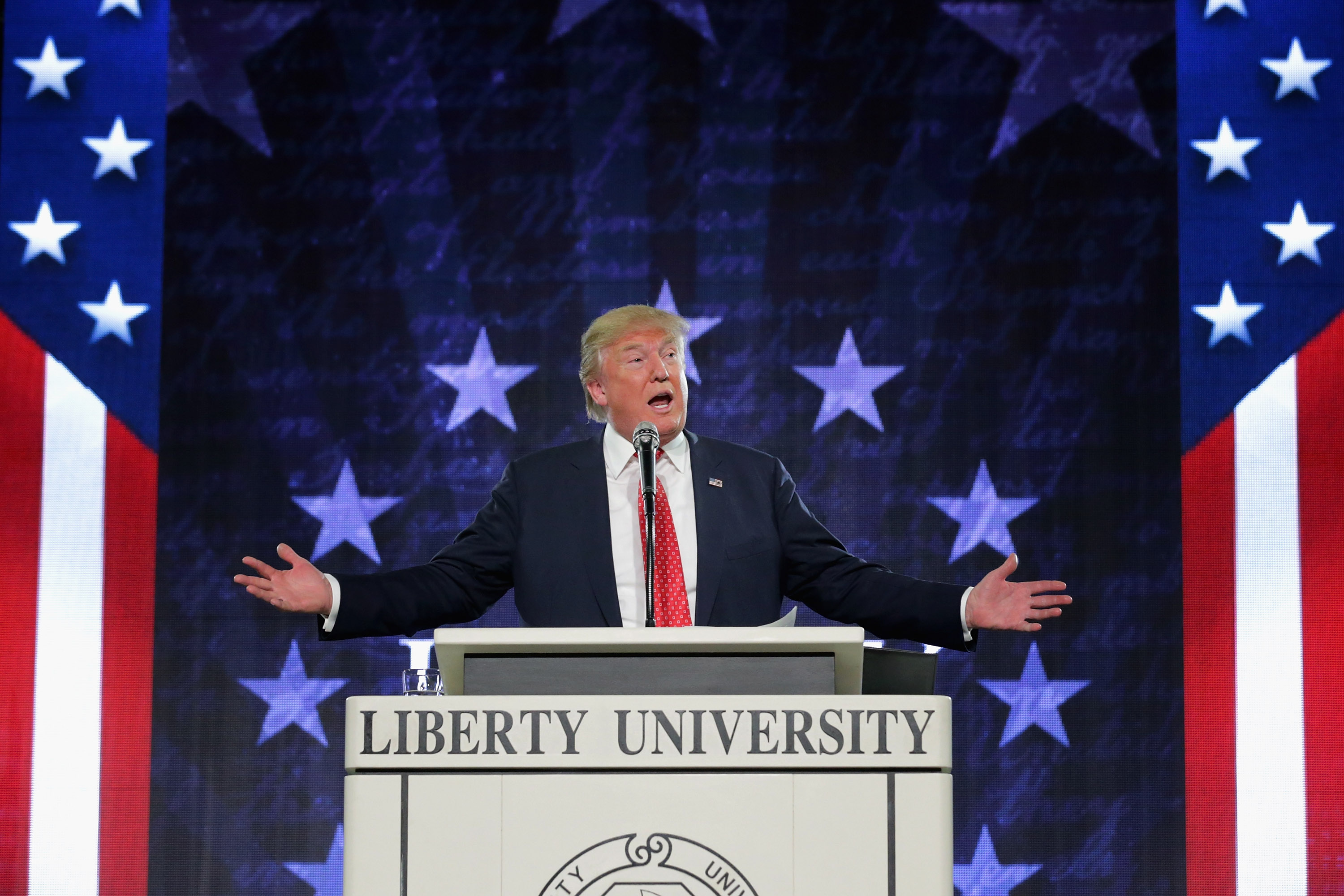 Republican presidential candidate Donald Trump delivers the convocation at the Vines Center on the campus of Liberty University Lynchburg, VA on Jan. 18, 2016.
