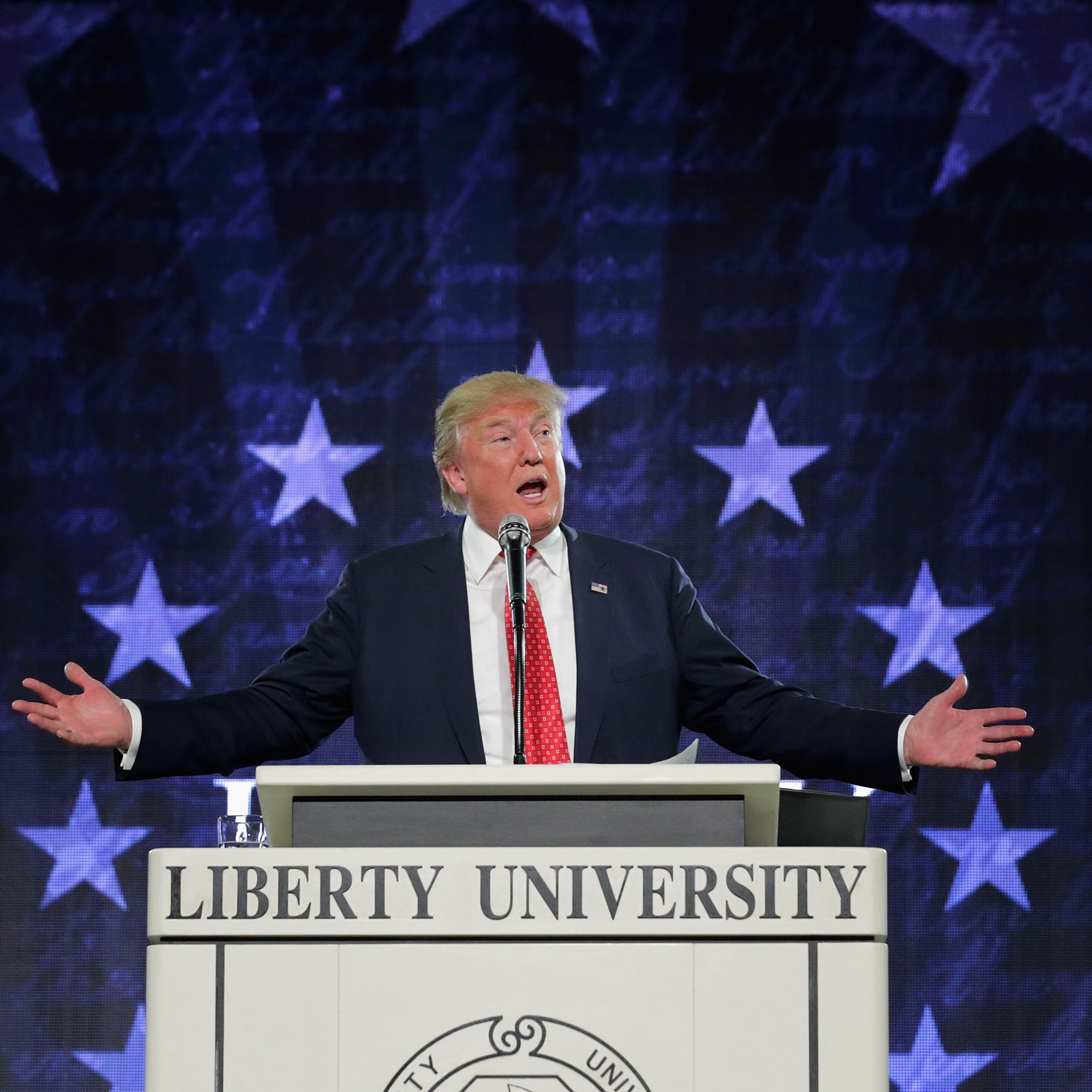 Republican presidential candidate Donald Trump delivers the convocation at the Vines Center on the campus of Liberty University Lynchburg, VA on Jan. 18, 2016.