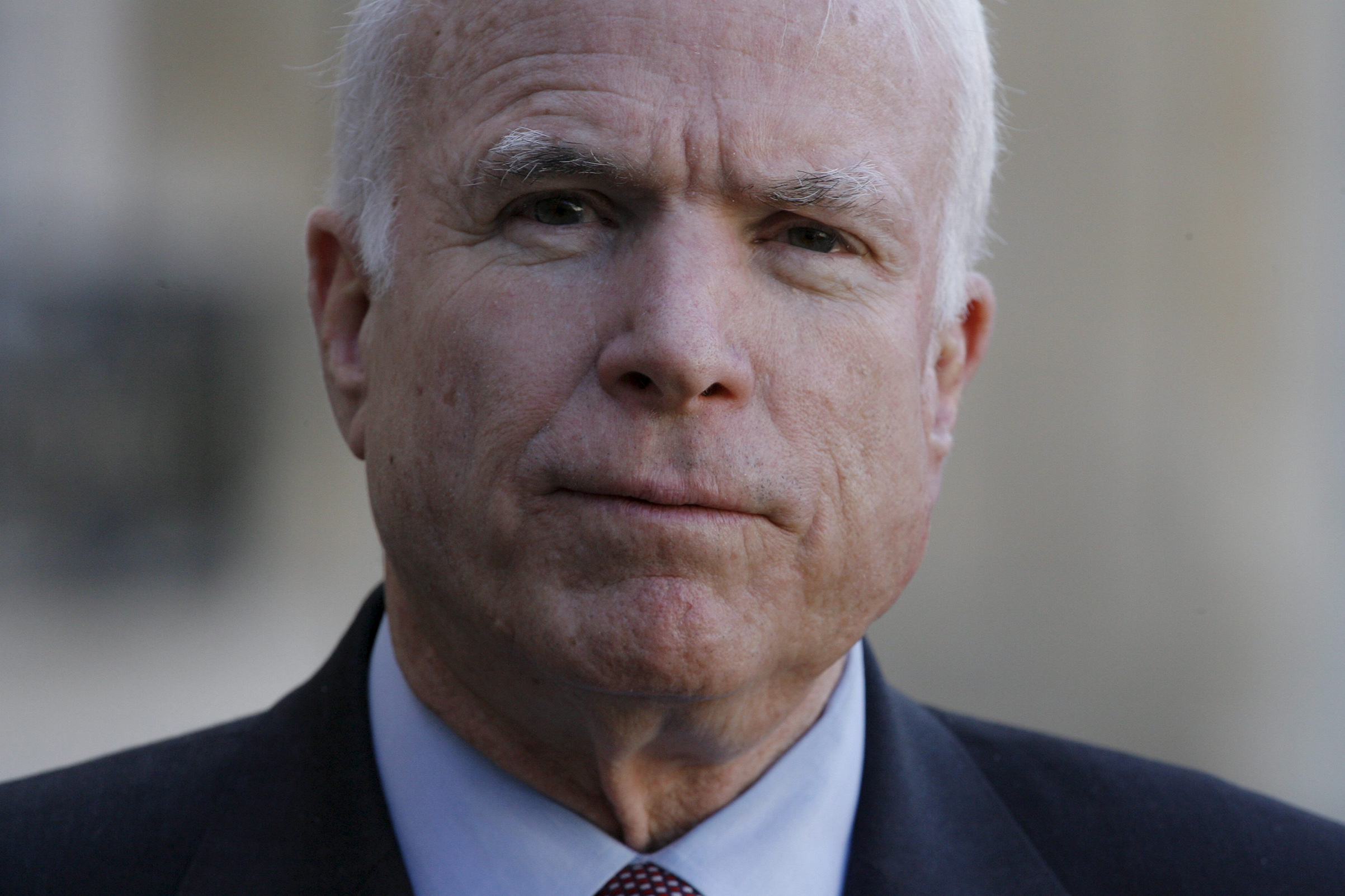 John McCain, American senator, candidate of the Republican party in the American presidential election withNicolas Sarkozy, president of the republic during their meeting at the palace of the Elysee March, 21, 2008.