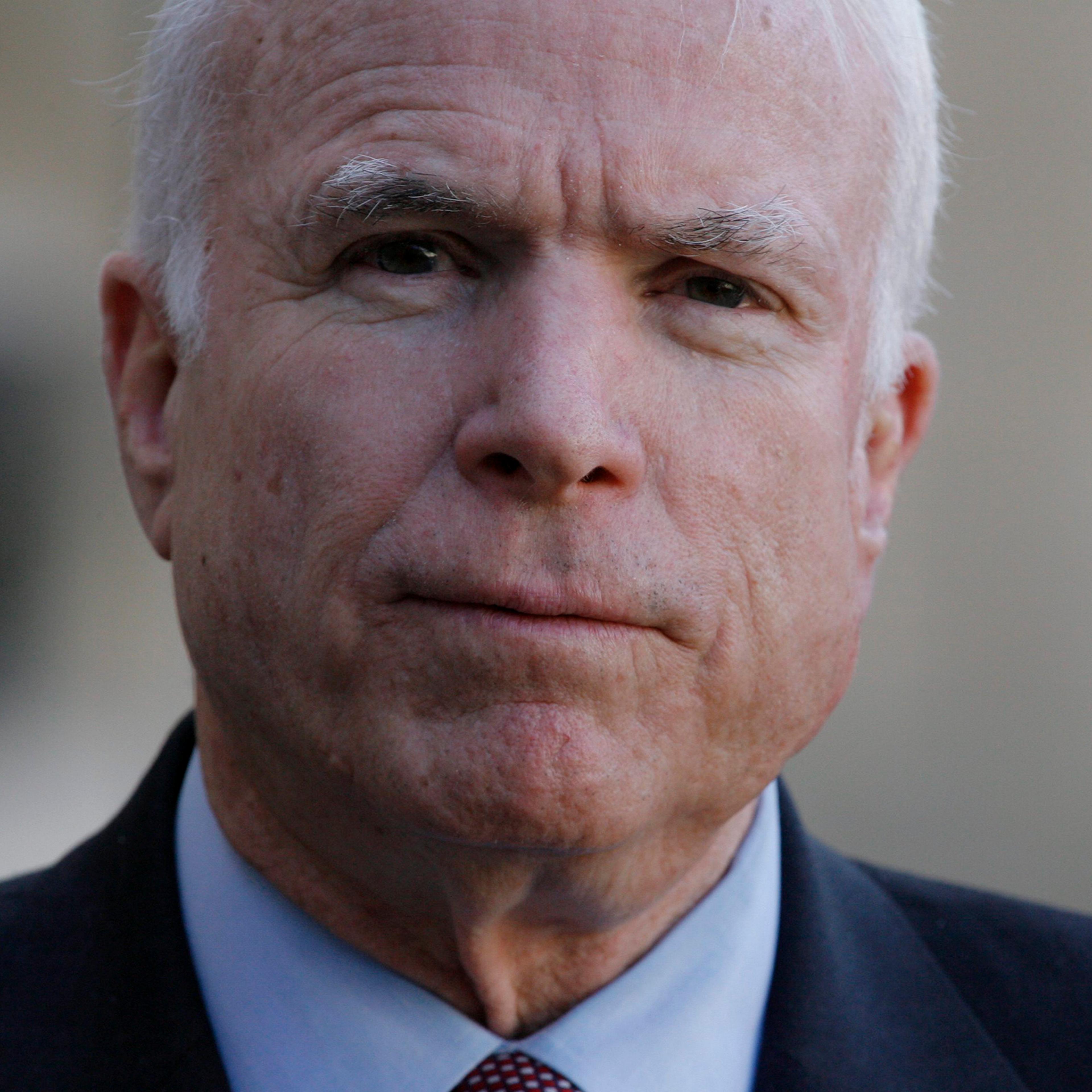 John McCain, American senator, candidate of the Republican party in the American presidential election withNicolas Sarkozy, president of the republic during their meeting at the palace of the Elysee March, 21, 2008.
